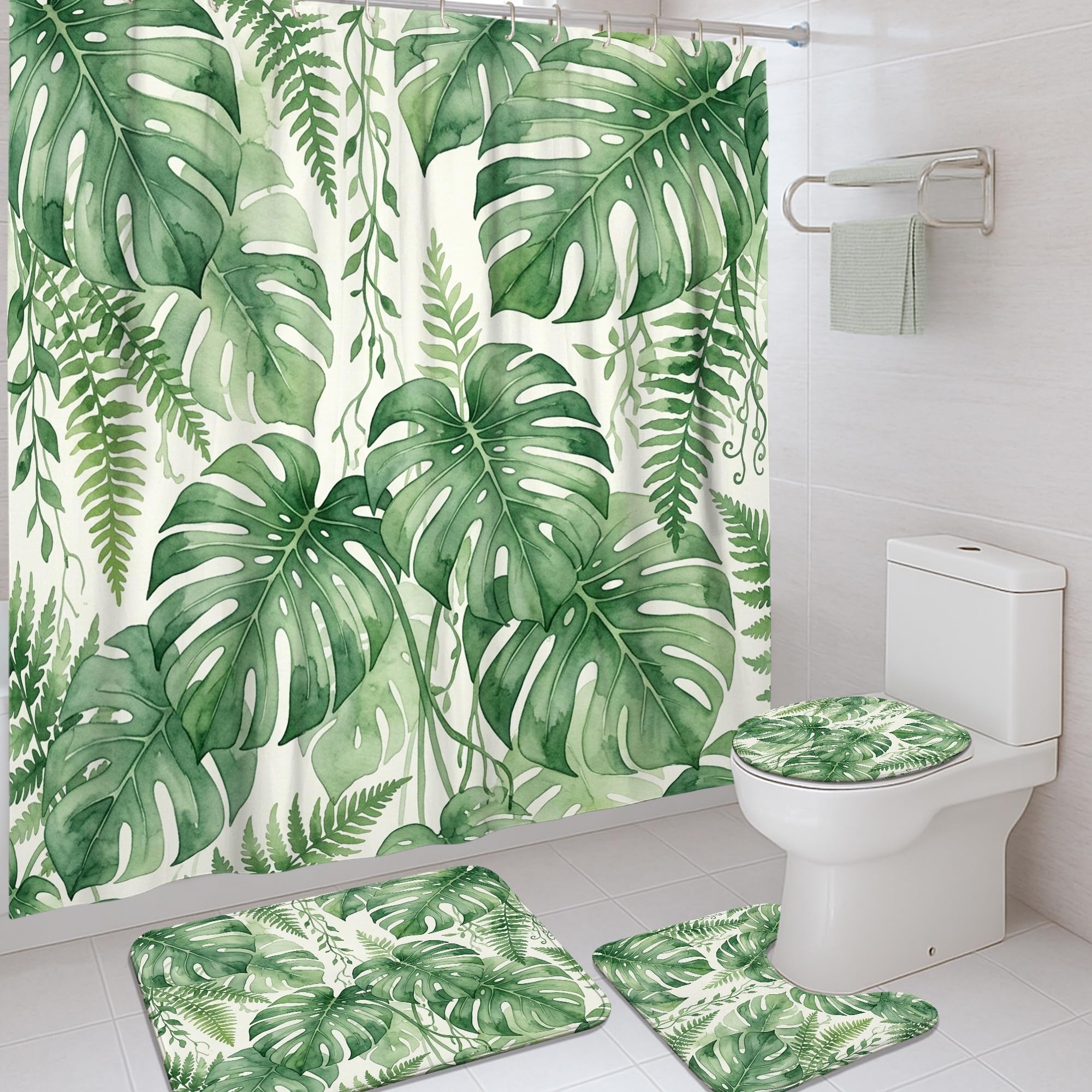 Rideau de douche vigne tropicale naturelle en tissu imprimé et tapis de salle de bain