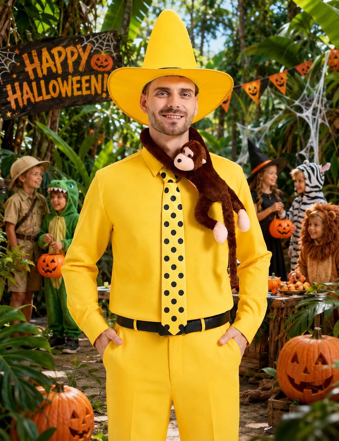 Men Yellow Hat Costume 6PCS Adult Suit with Plush Monkey for Halloween