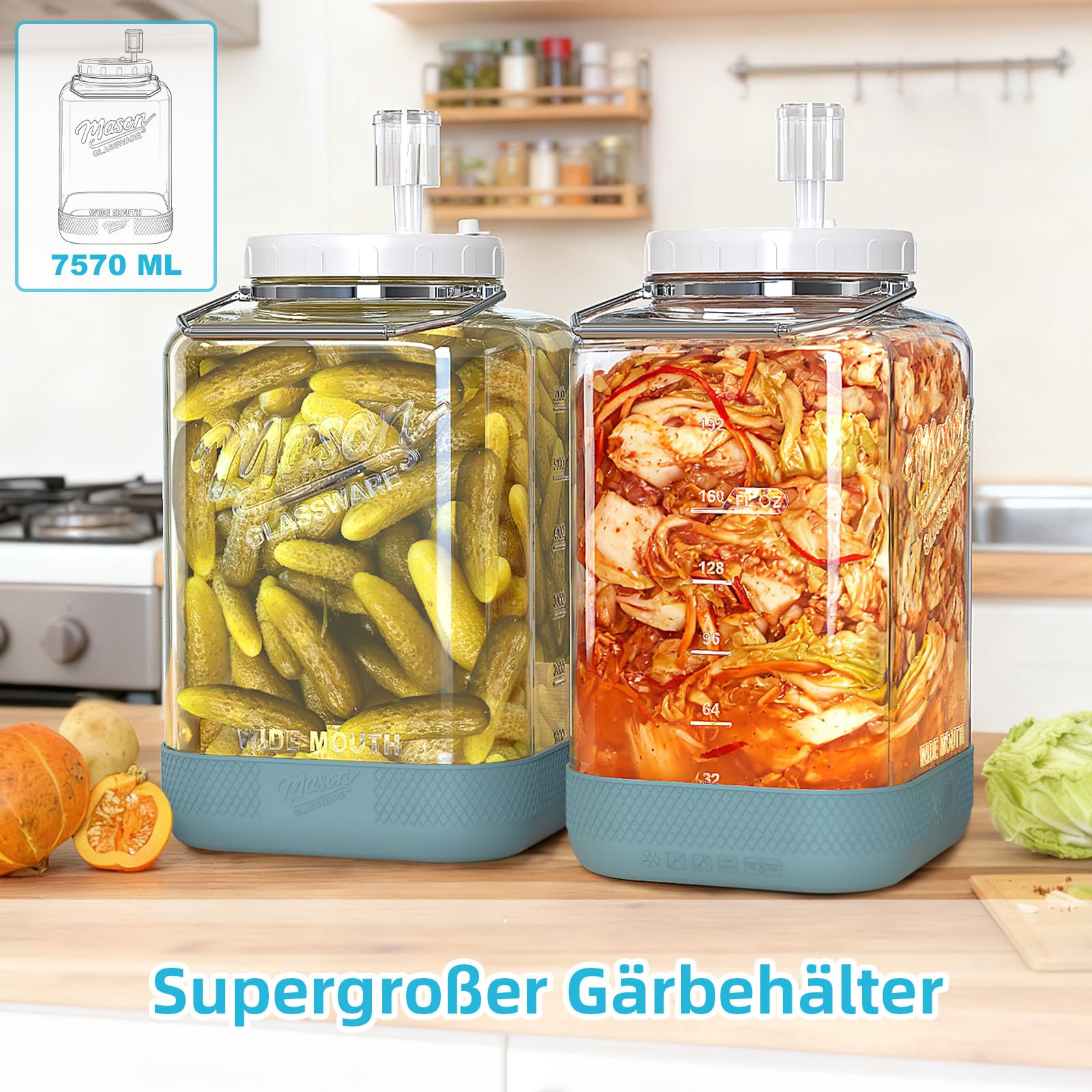 Absovetu 2er Set Große Fermentiergläser mit Luftschleuse 7,5 L - Fermentierglas Mason Jar Gläser Gärglas für Kombucha Sauerteig Kefir Kimchi Behälter