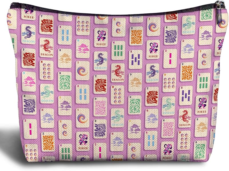 Necessaire de maquiagem Zomhix rosa com padrão Mahjong e zíper
