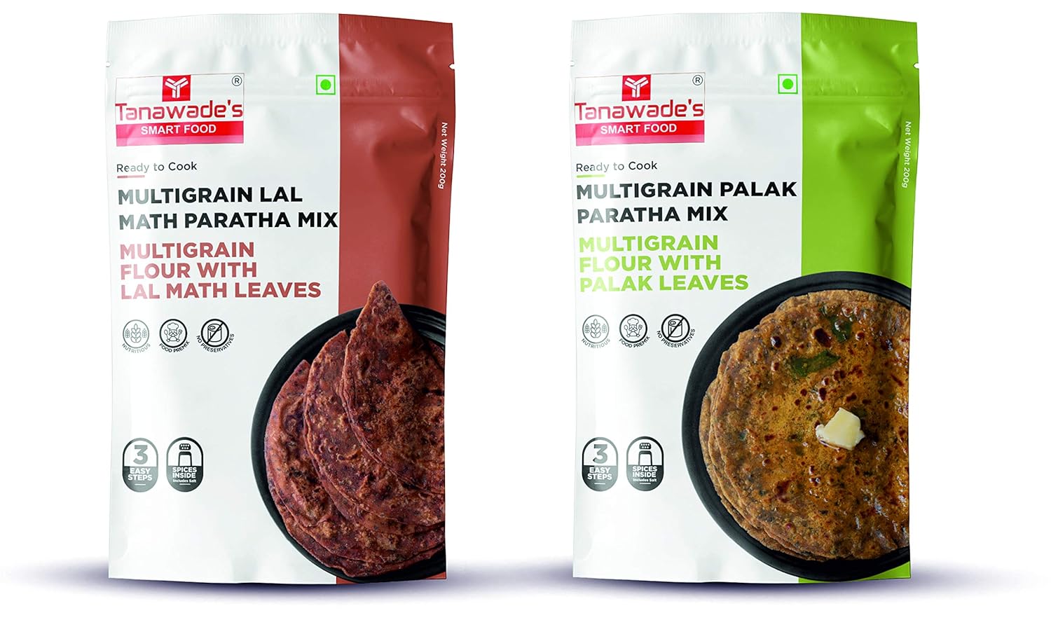 Tanawade's Smart Food Paratha Combo, Instant Lal Math Paratha, Palak Paratha Mix, Ready to Cook, Home Food with Hand Picked Flavours, Pack of 2 (one of Each)