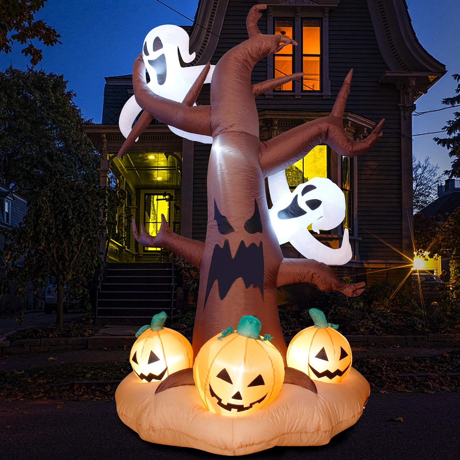 DR.DUDU 8 Ft Halloween Inflatable Ghost Tree with Pumpkins, Blow up Lighted Ghost Tree with LED Lights for Yard Party Shopping Mall and Inflatable Halloween Decorations Outdoor (8 ft)