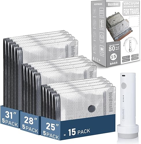 Paquete de 15 bolsas de almacenamiento al vacío de viaje con bomba eléctrica recargable, bolsa de sellado de compresión para equipaje y maleta, 5