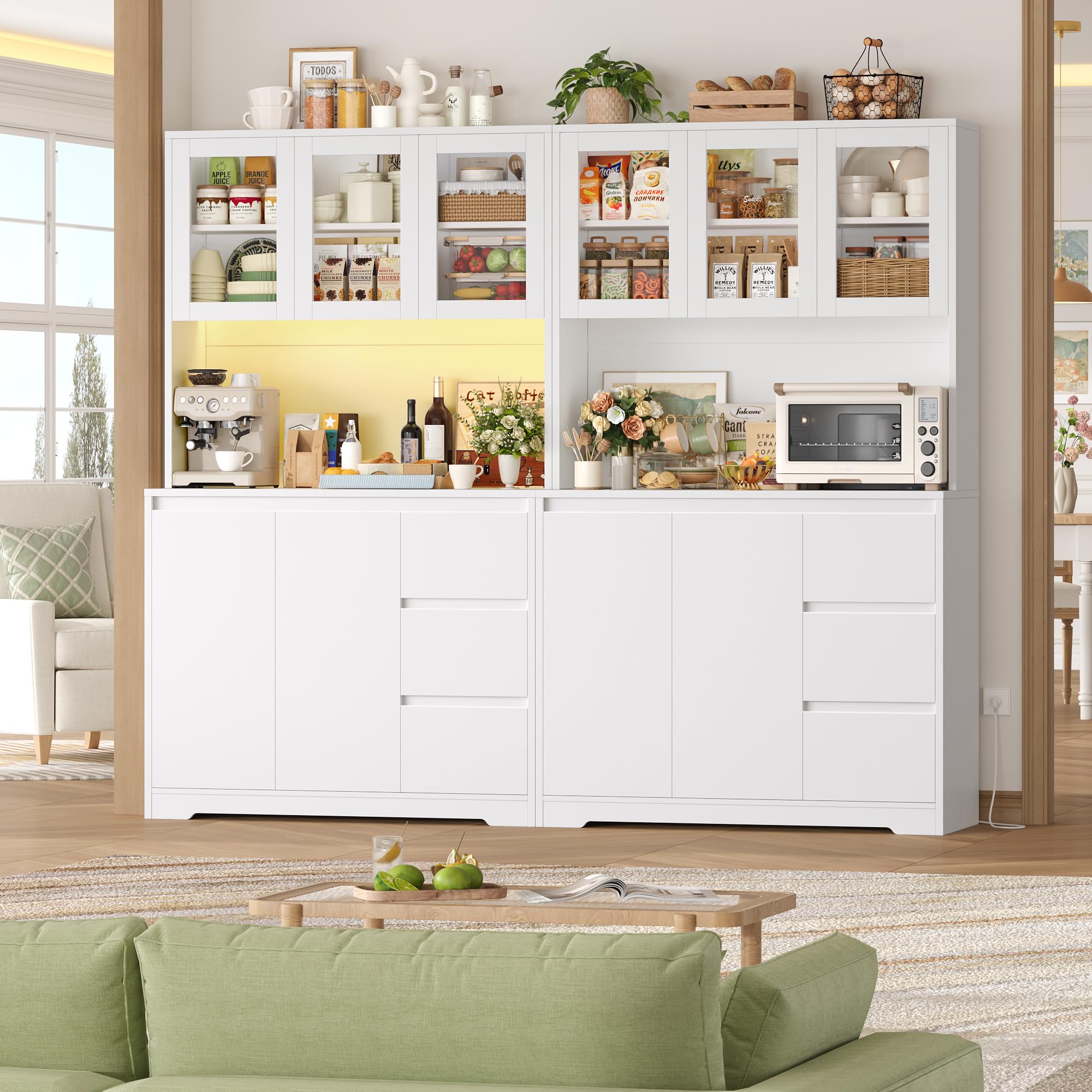FirFurd 180 cm Küchenschrank Buffetschrank mit LED & Steckdosenleiste Vorratsschrank mit verstellbaren Einlegeböden Küchenschrank mit Arbeitsplatte Sideboard für Küche, Esszimmer 180x100x38,5 cm Weiß