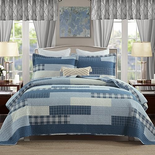 Vista 21 de Finlonte Juego de edredón tamaño King, colcha a rayas marrón, verde, beige, edredón reversible ligero para todas las estaciones, 3 piezas