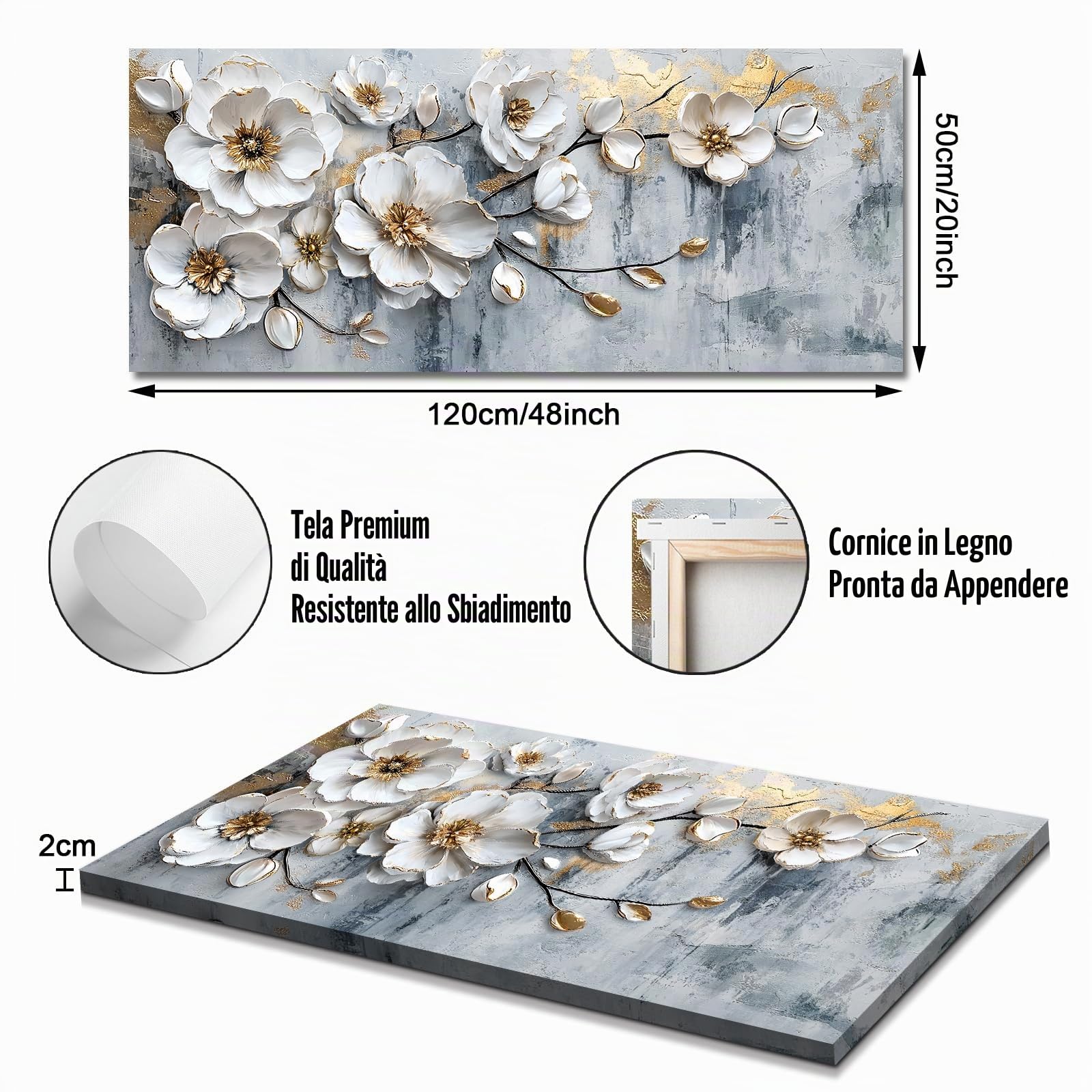 WENGTIAO Stampa su Tela Peonia Bianca Floreale Con Cornice Grande Quadro su Tela Pittura Estetica Fiori Bianchi Quadro Moderno Soggiorno Camera da Letto Decorativo Parete 120x50 cm