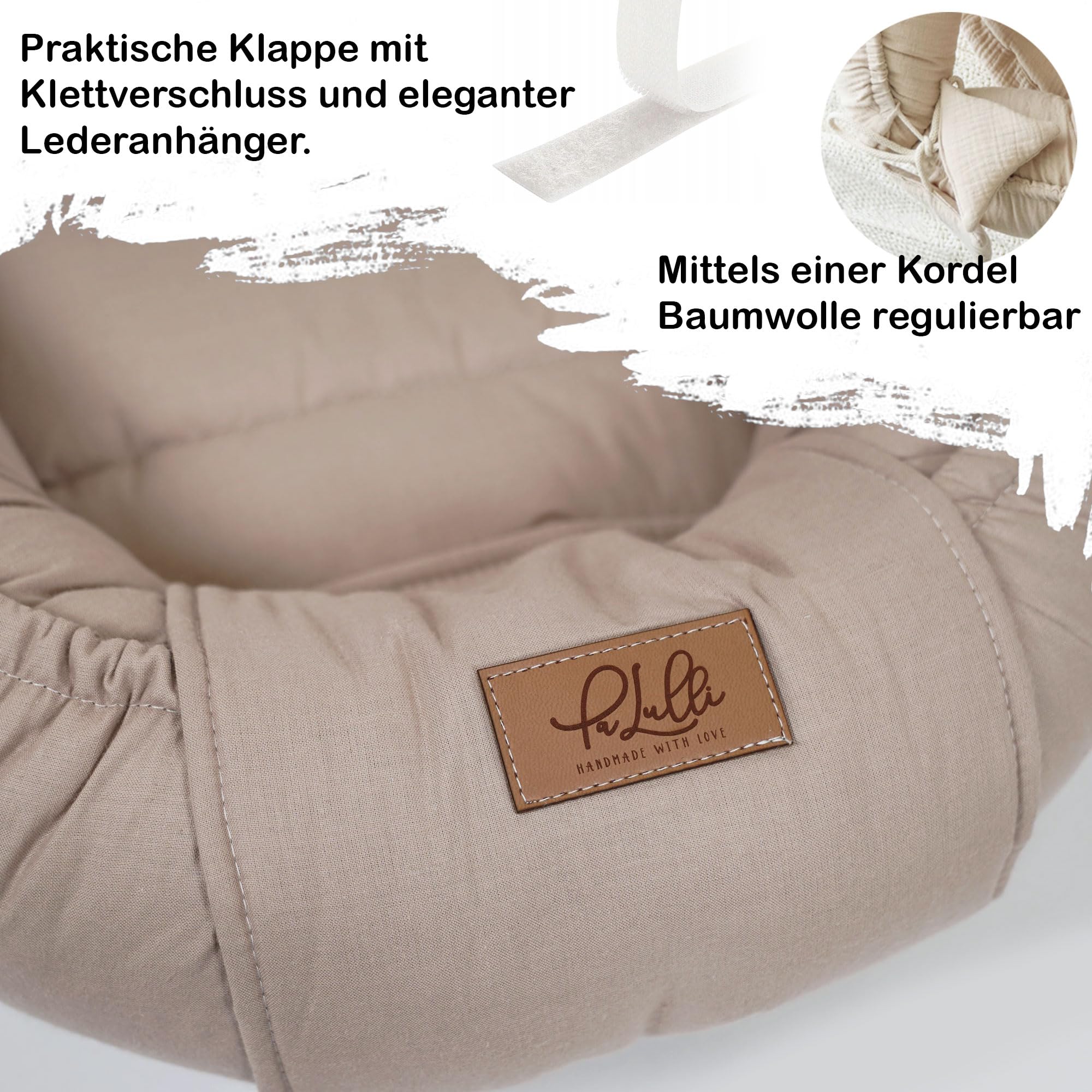 PaLulli® Extra Großes Babynest 100x60 cm | Set mit herausnehmbarer Einlage Baumwolle | Beidseitig nutzbares Kuschelnest für Babys | Handgefertigt, Atmungsaktiv & Sicher (Braun)