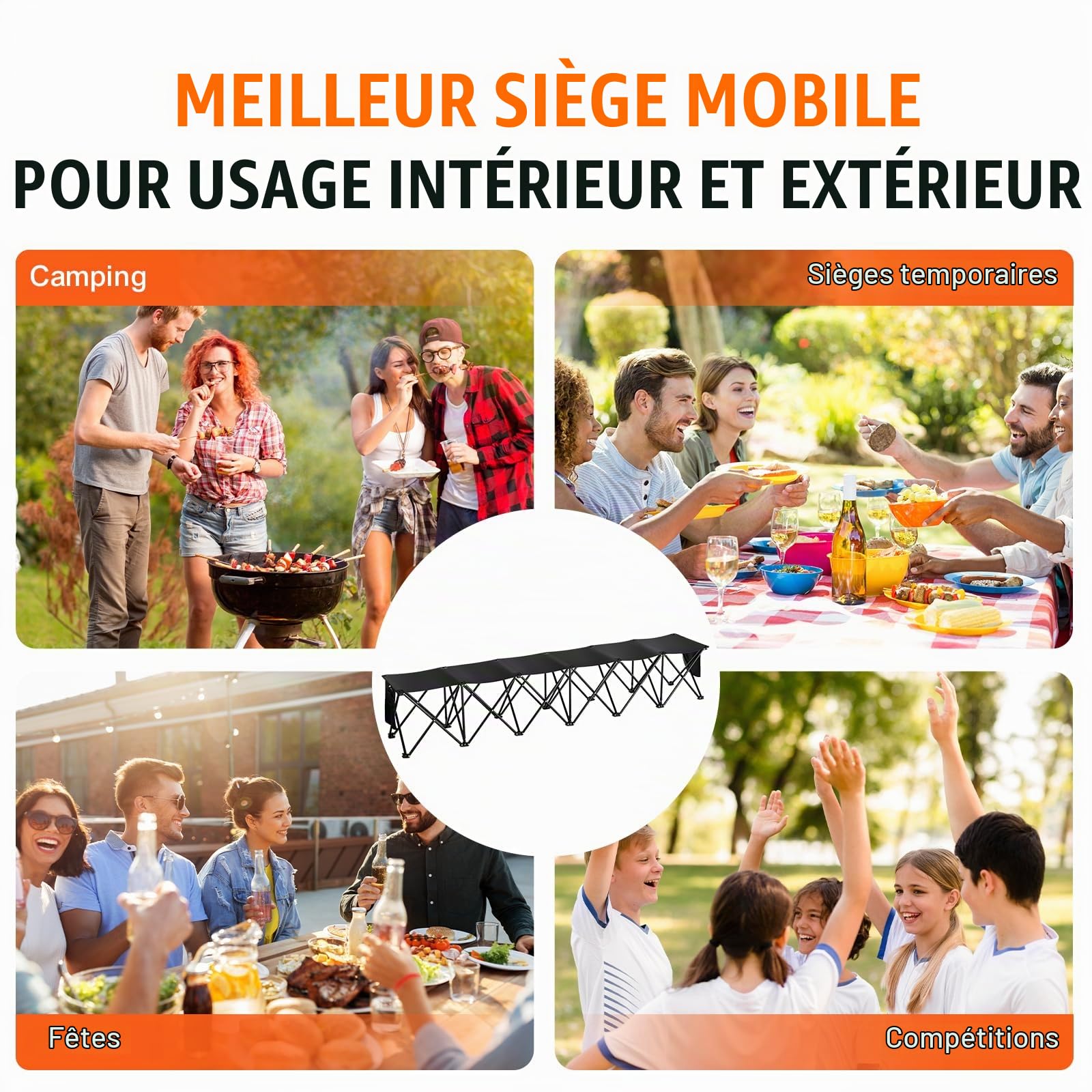 VEVOR Banc Pliant Portable à 6 Places, Banc de Camping Pliable en Plein air avec Sac de Transport, Banc latéral de Sport d'équipe pour Football, Camping, pêche, siège instantané sans Assemblage, Noir