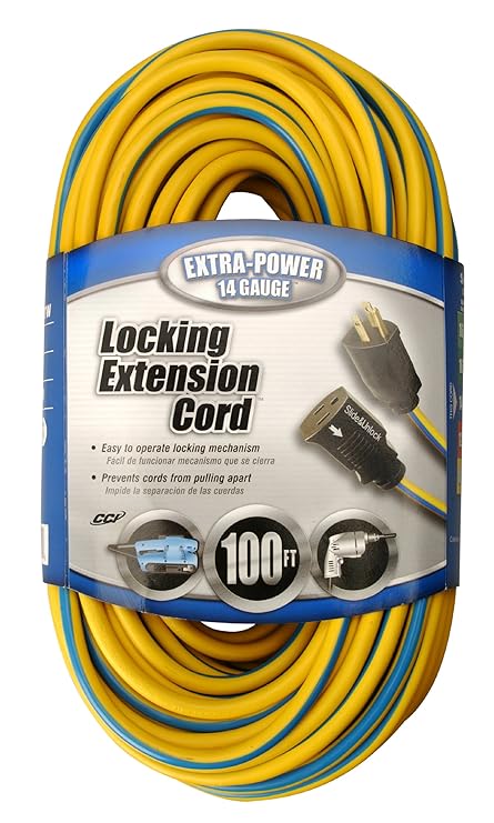 Coleman Cable 02439 14/3 Push-Lock SJTW Locking Extension Cord, Yellow/Blue, 100-Feet