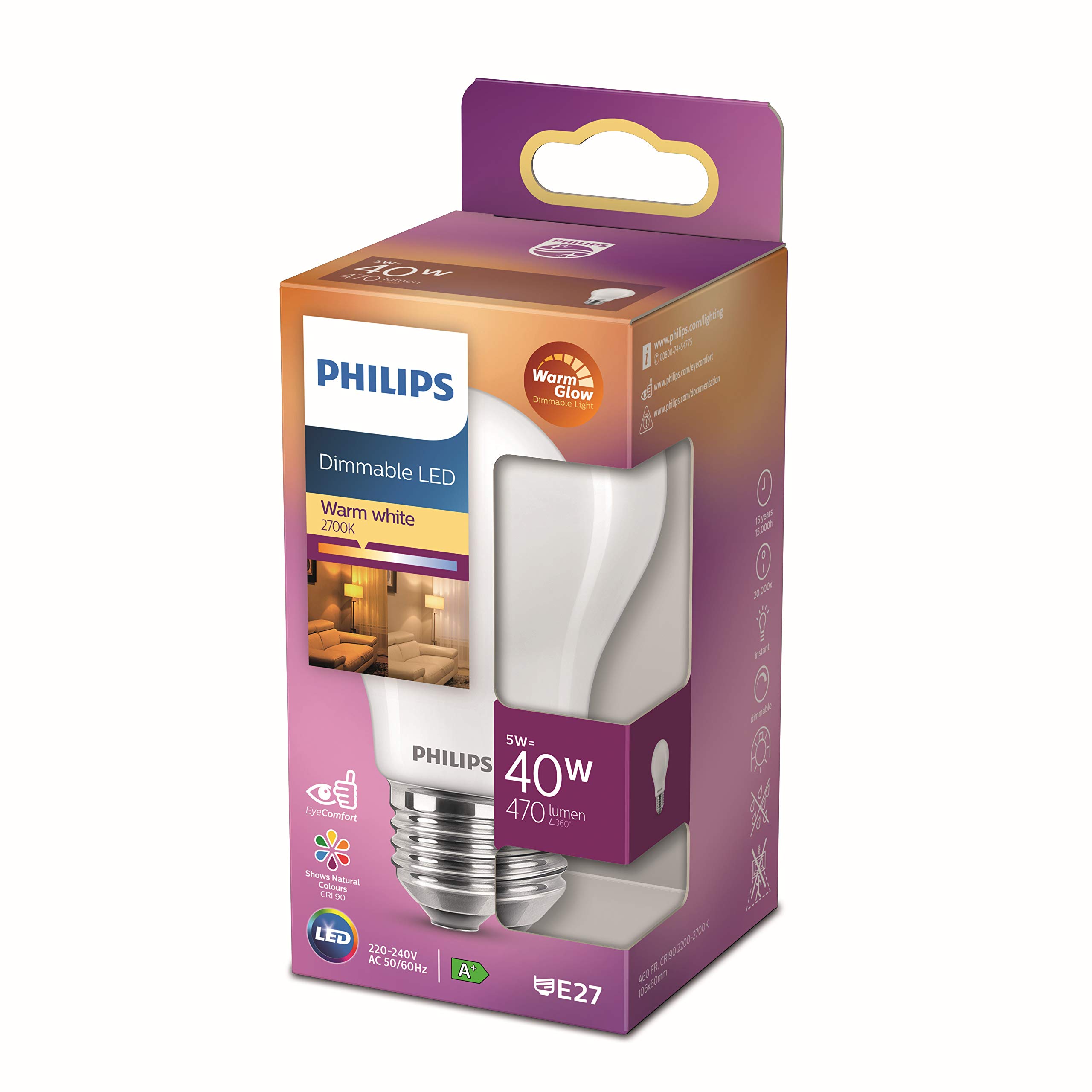 Philips LEDclassic lampa zastępuje 40W, WamGlow, E27, ciepła biel (2200-2700 kelwinów), 470 lumenów, przezroczysta, ściemniana