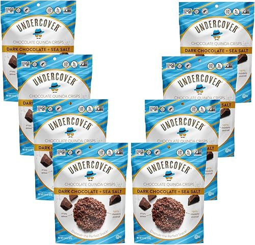 Undercover Snacks - Bocadillo crujiente de quinoa de chocolate, chocolate negro + sal marina, sin gluten, bolsas sin nueces, 2 onzas (paquete de 8)