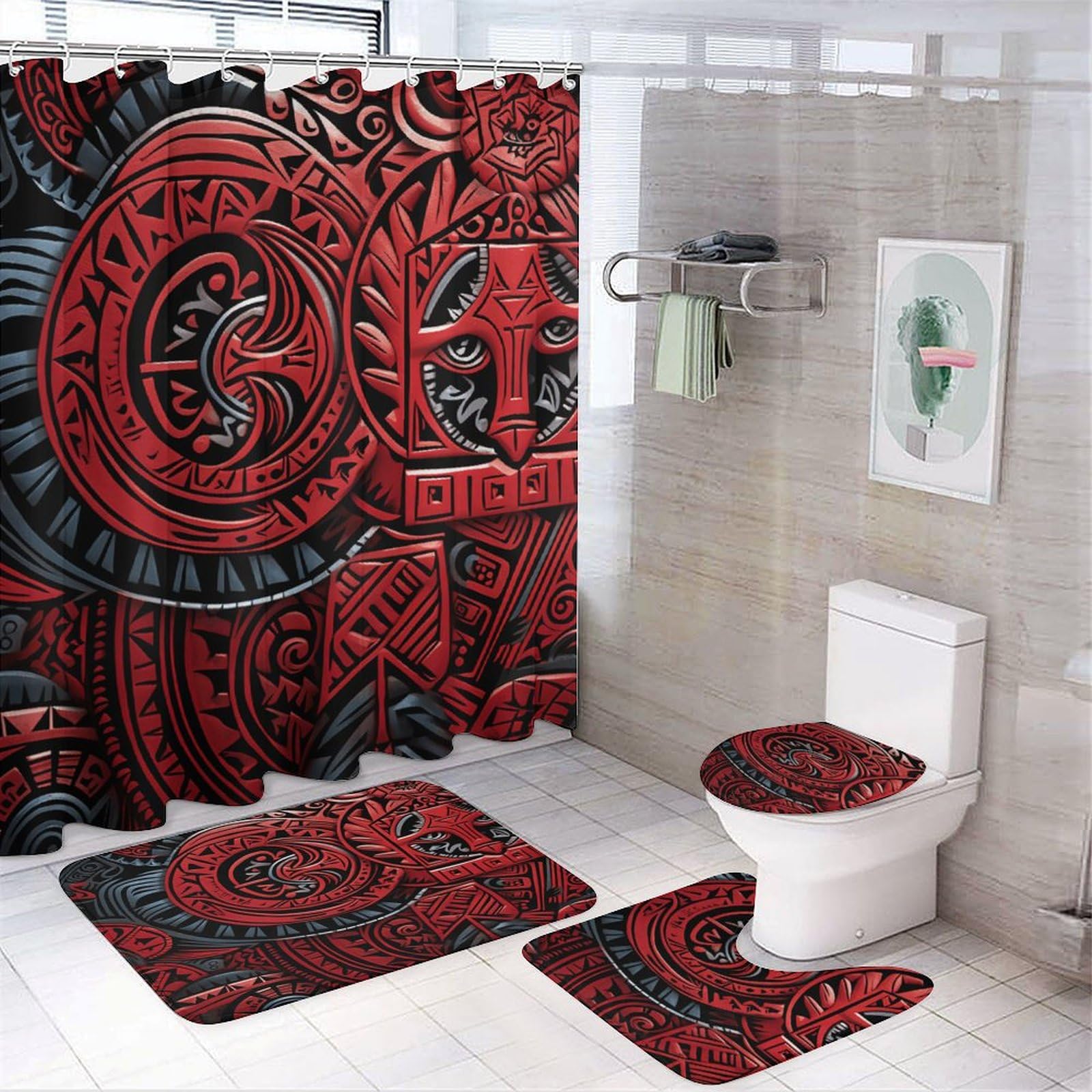 Ensemble de salle de bain 4 pièces avec rideau de douche et tapis tribal rouge
