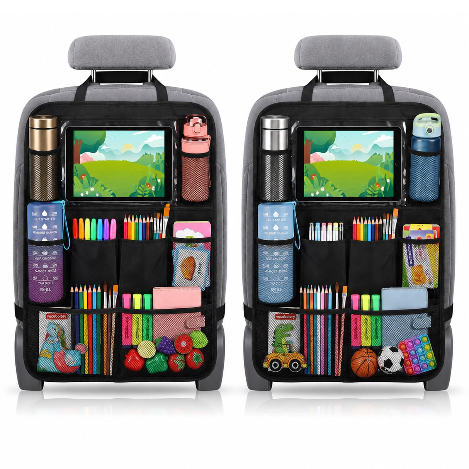 BillyBath Organizer per schienale auto per bambini, con tasca per iPad/tablet da 10 pollici, 10 tasche, organizer per giocattoli per bambini, in tessuto Oxford impermeabile (2 pezzi)