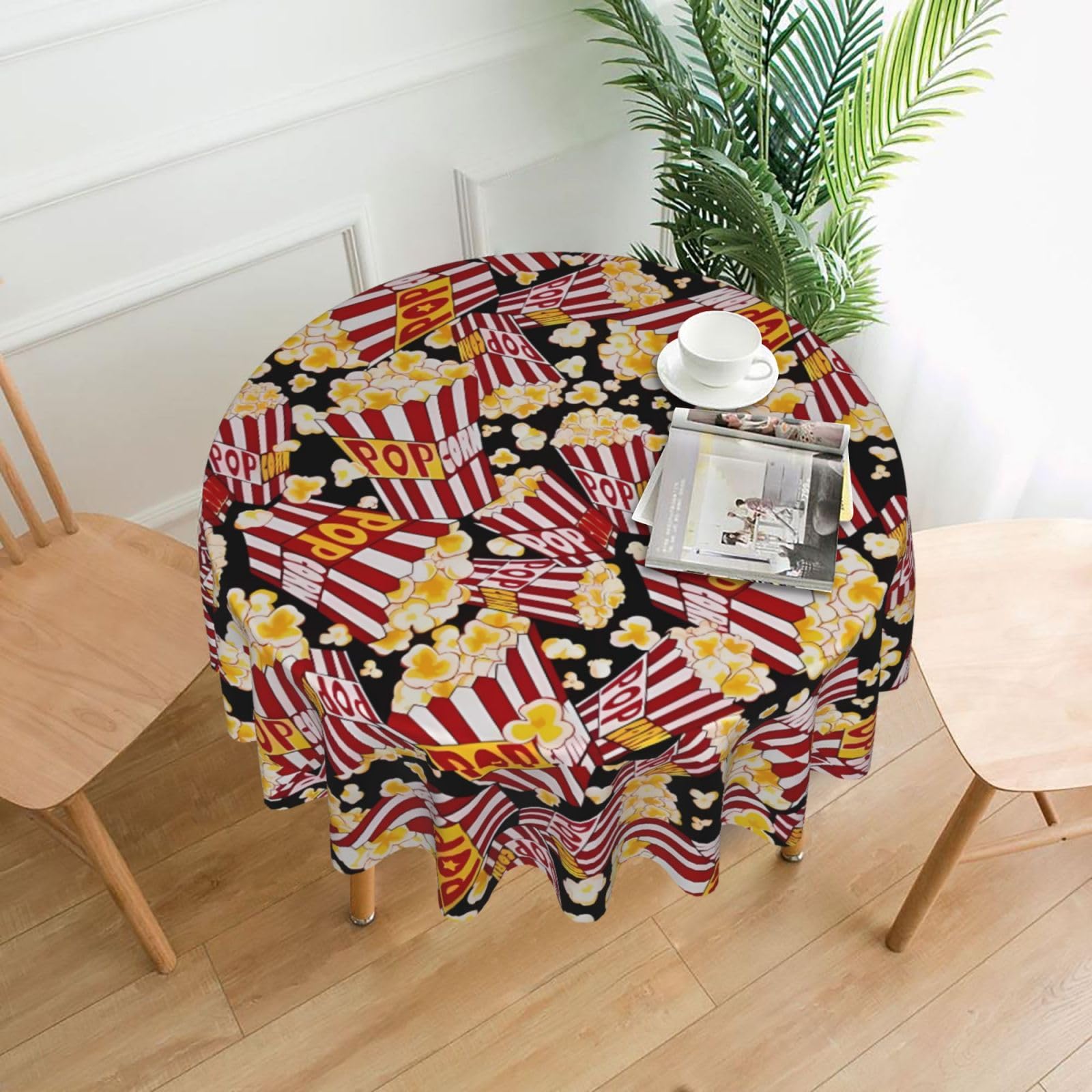 Hjfczh Black Popcorn Print Prints Round Table Throw 60 Inch - Waterproof Table Cover - Soft & Wrinkle Resistant Decor Layer For Dinners, Parties & Everyday Use