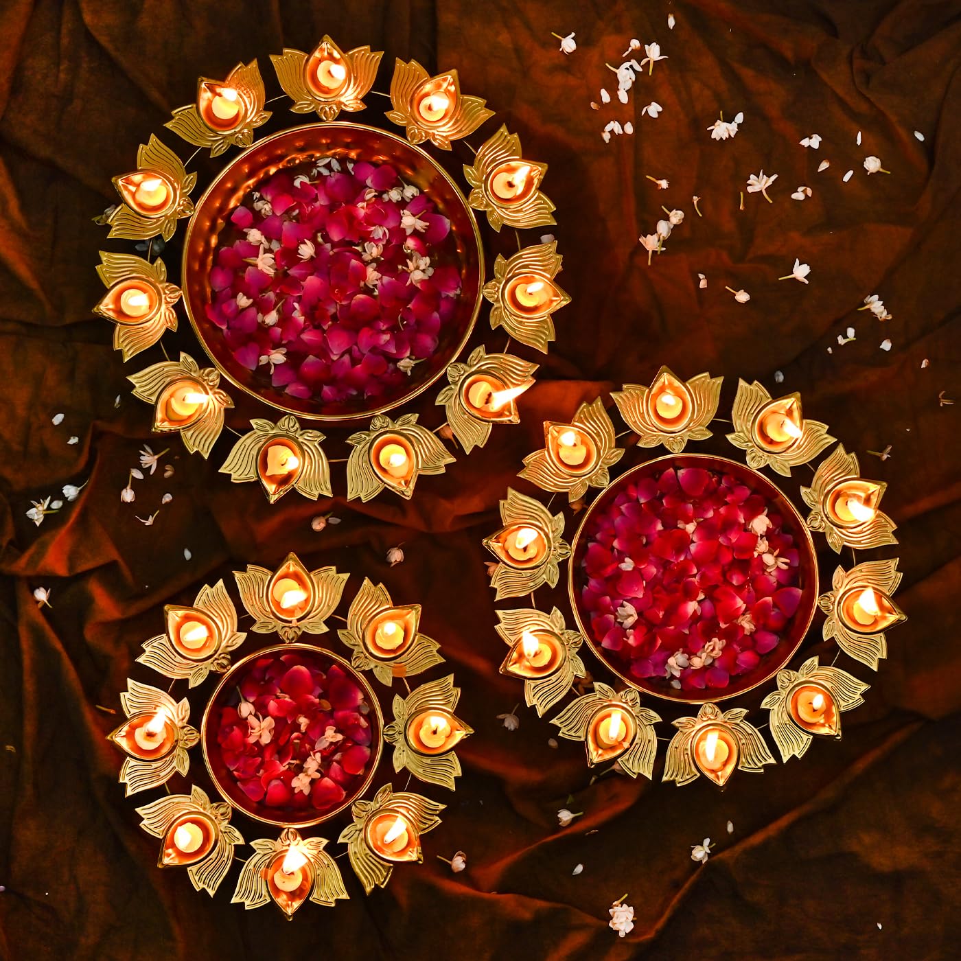 DecorTwist Lotus Diya Urli Bowl (1.1" x 1.5" x 1.7" Height) | Set of 3 Metal Decorative Handcrafted Bowl for Floating Flowers with Tea Light Candle Holders Home, Office, Diwali Decoration Items (Gold)