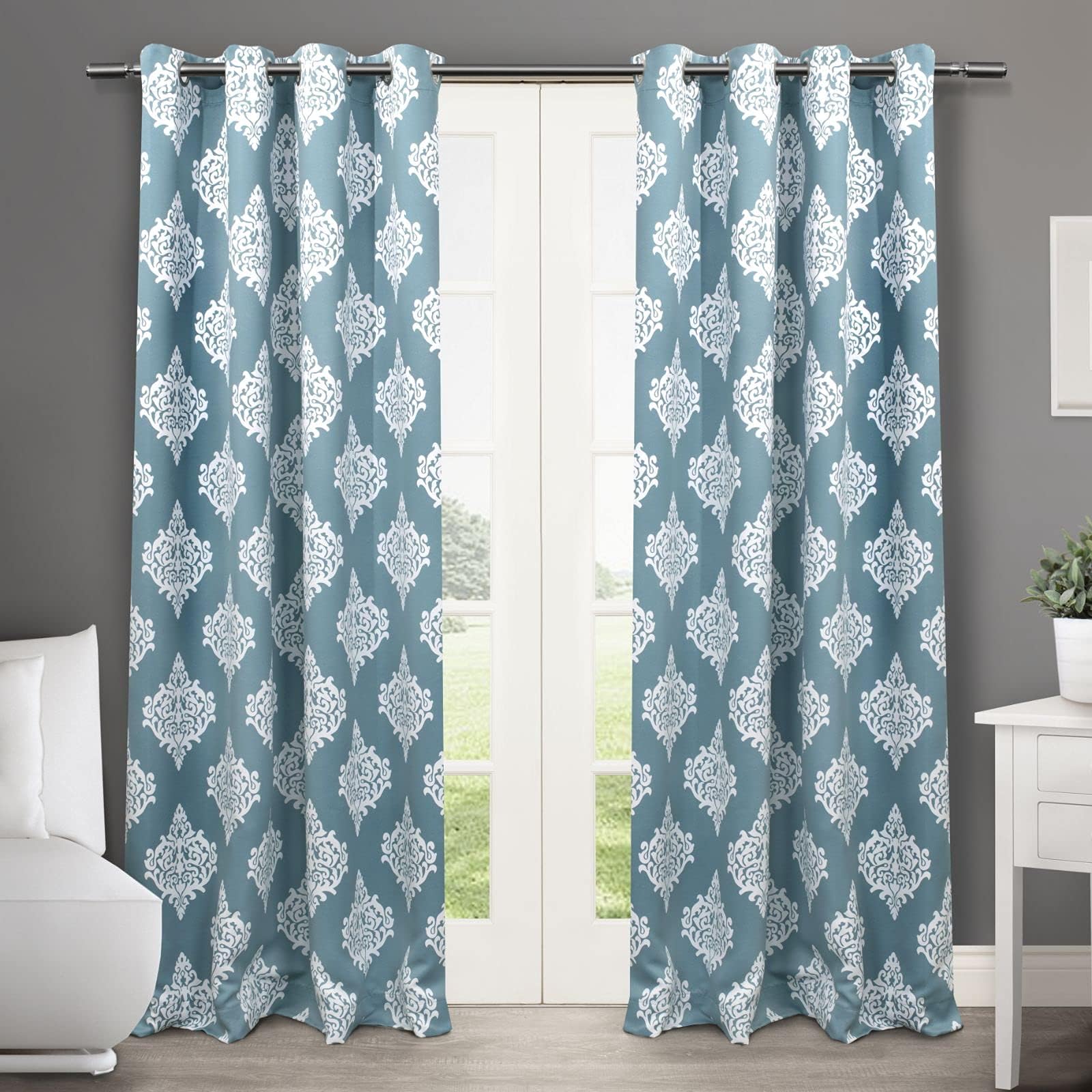 Medallion Room Darkening Blackout Grommet Top Curtain Panel Pair, 52"x84", Teal