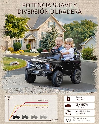 Miniatura 6 de First Ride On Juguetes de paseo de 24 V para niños grandes, auto con licencia Ford F-150 Raptor de 2 plazas para niños con control remoto, automóvil