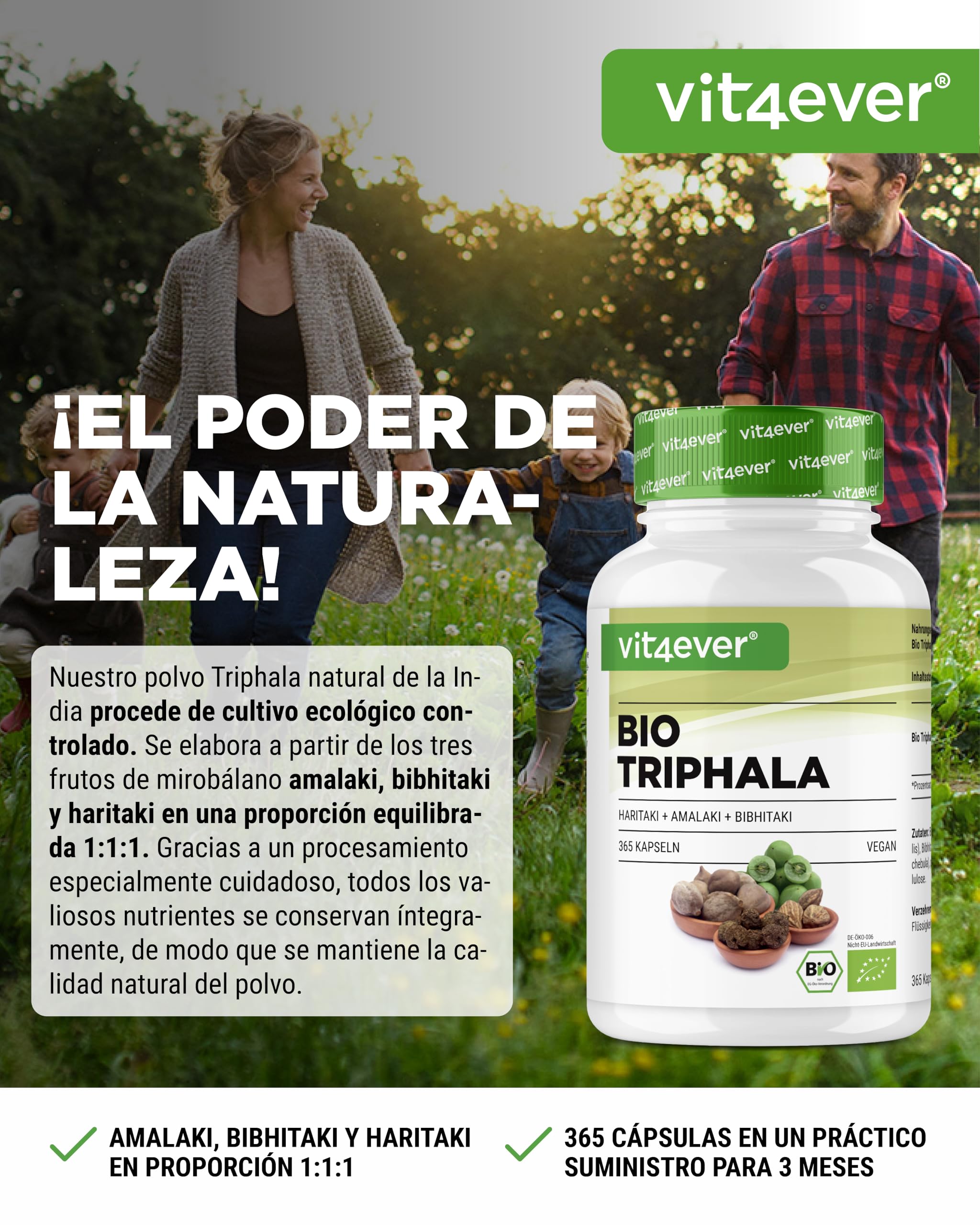 Organic Triphala - Altamente dosificado con 2000 mg (500 mg por cápsula) - 365 cápsulas - Triphala en polvo de la India: Haritaki, Amalaki, Bibhitaki - Sin aditivos - Vegan