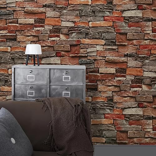Miniatura 6 de ConCus-T Papel tapiz de ladrillo de 17.72 x 255.91 pulgadas, autoadhesivo extraíble, papel de contacto decorativo 3D para pared, chimenea, cajón