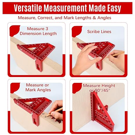 Precision 3D Multi-Angle Measuring Ruler - Aluminum Alloy Square Tool for Woodworking, Carpentry & Engineering Layouts, Red