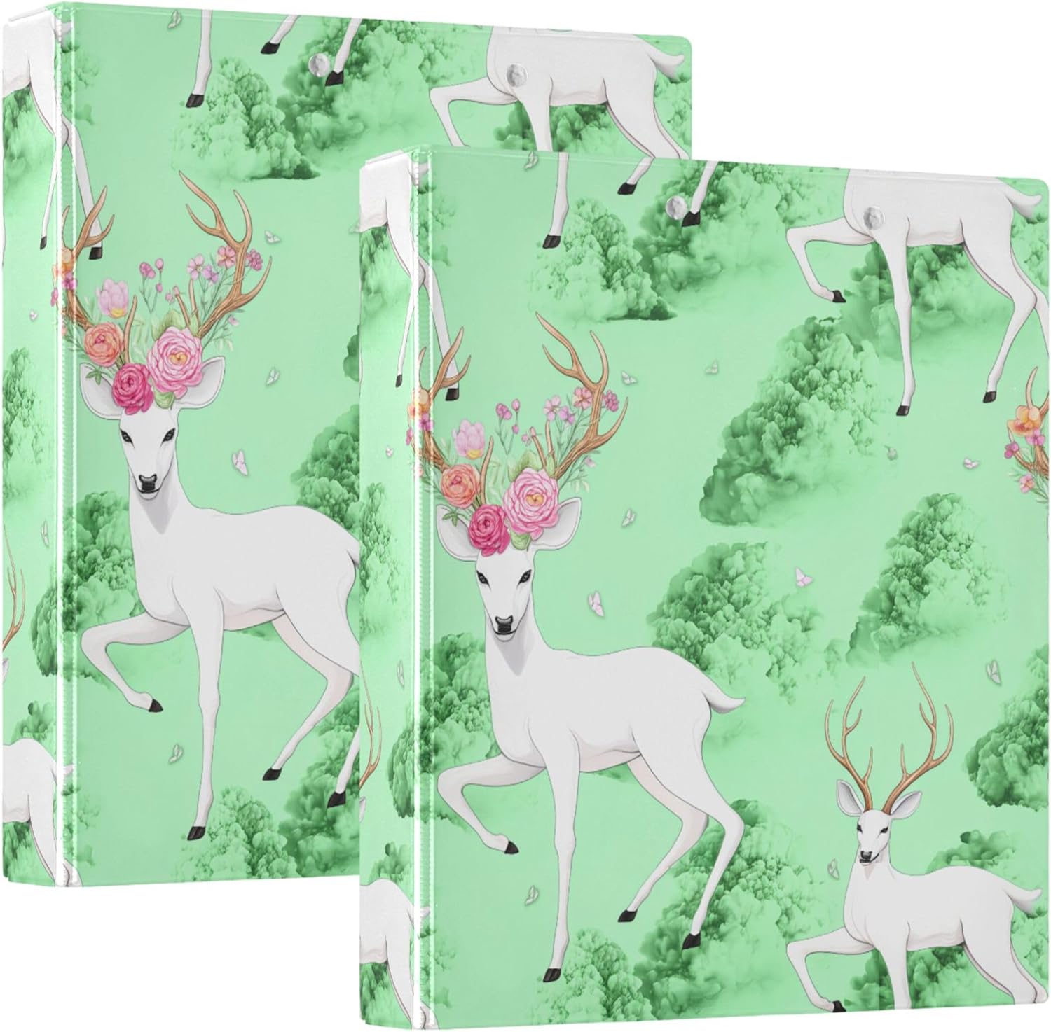 White Deer with Green Grass 3 Ring Binders, 1.5” Round Ring Binders with Clipboard - Letter Size, 3 Interior PVC Clear Pockets & Anti-Slip Clip for Office School Supplies, 2PCS