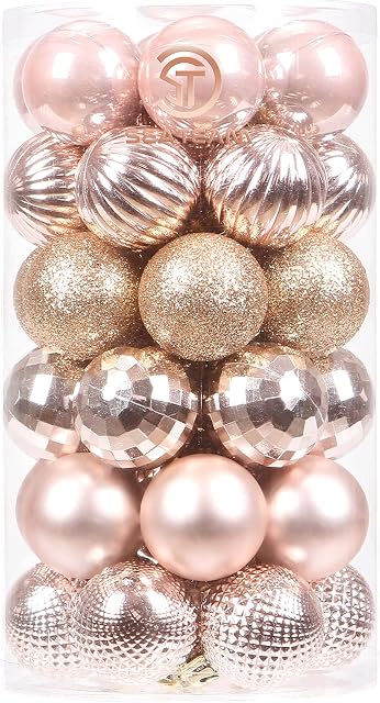 Sea Team 41-Pack Christmas Ball Ornaments with Strings, 40mm/1.57" Small Size Baubles, Shatterproof Plastic Bulbs, Hanging Decorations for Xmas Tree, Holiday, Wedding, Party, Rose Gold