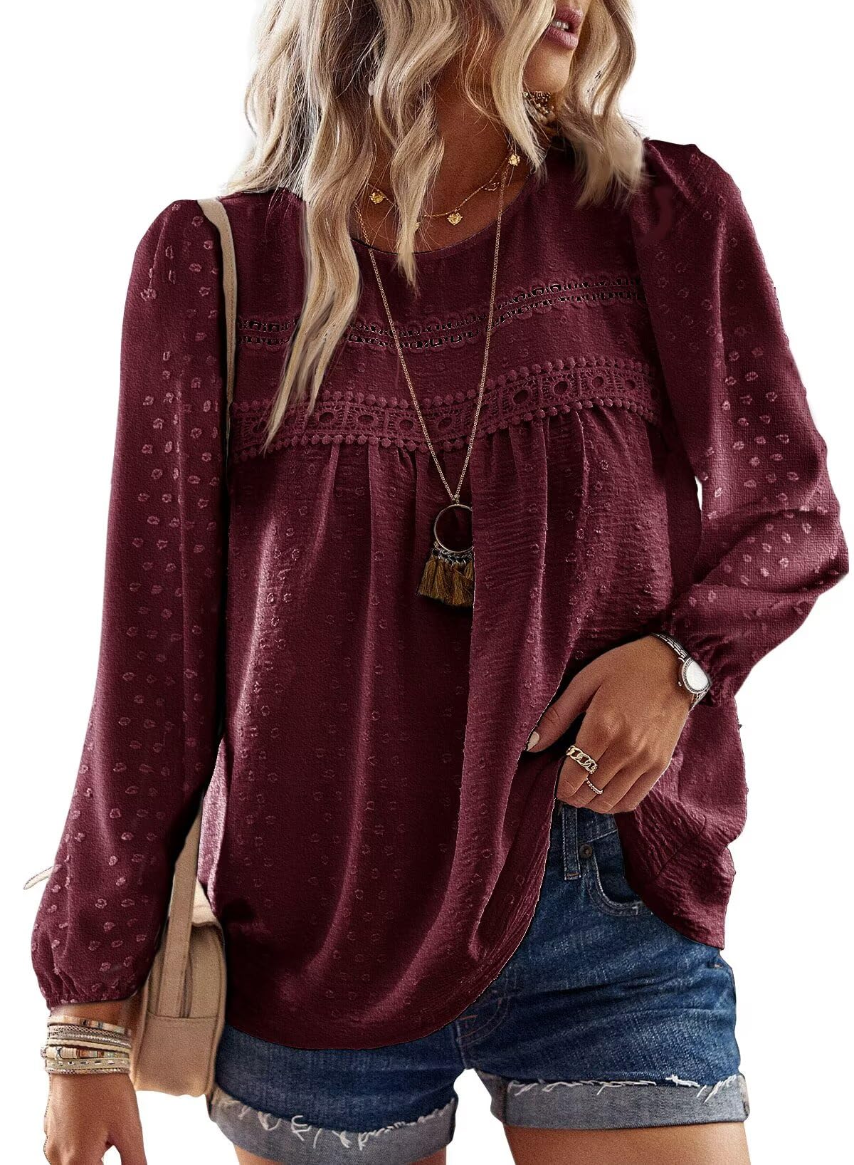 TUUHAW Langarmshirt Damen Boho Top Oberteile Fließend Elegant Frühling Herbst Tunika Rundhals T Shirt Süß Lässig Outfits Spitze Winter Kleidung