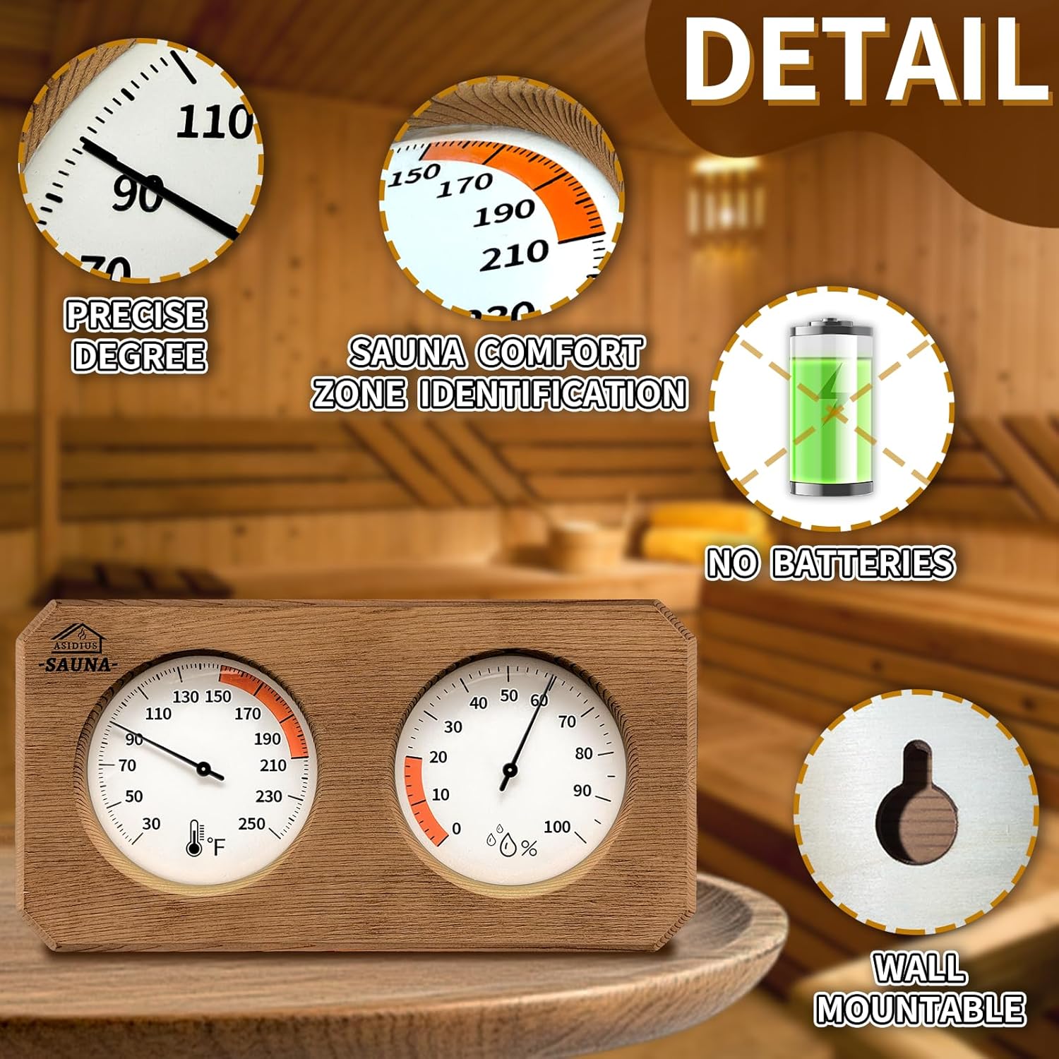 2-in-1 Sauna Thermometer and Hygrometer, Canadian Red Cedar Sauna Thermometer, Sauna Thermometer Fahrenheit Gauge for Sauna Room, Sauna Accessories