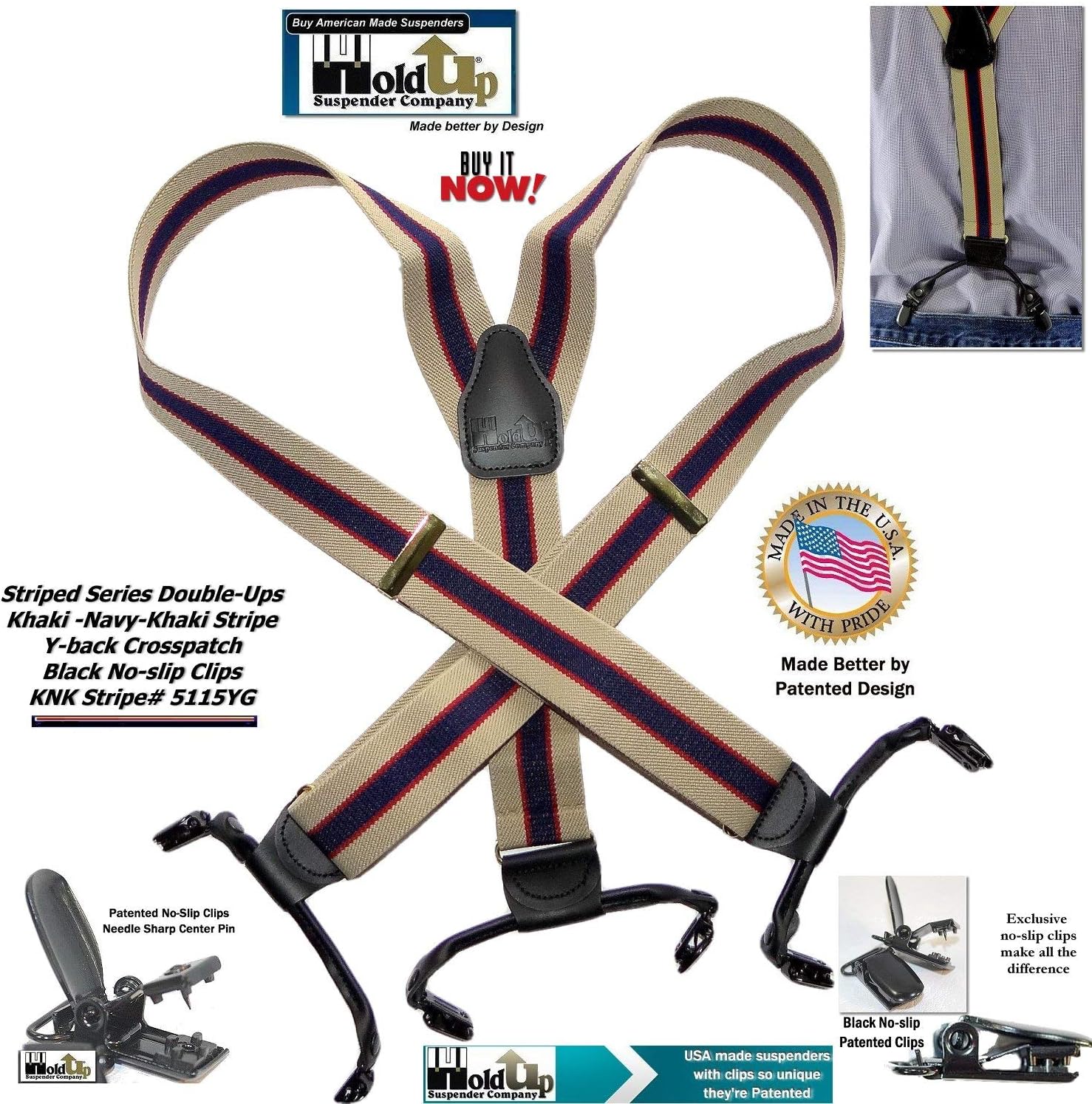 Holdup Brand Stripe Series Double-Ups Style Suspenders for Men with patented No-Slip® black clips - Image 6