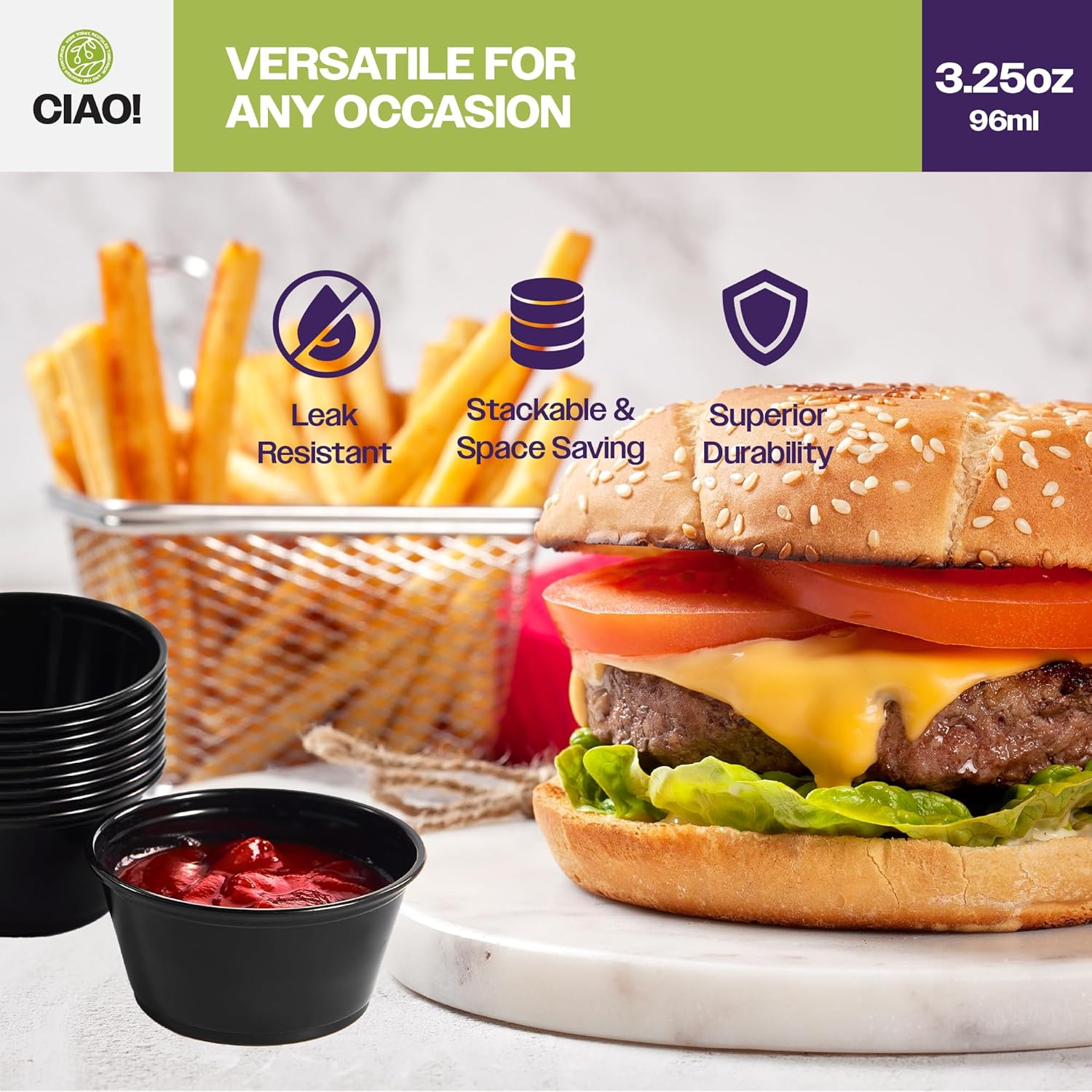 CIAO! Disposable Portion Cups, 3.25 oz Black Plastic, Commercial Pack of 2500, Lids are sold Separately