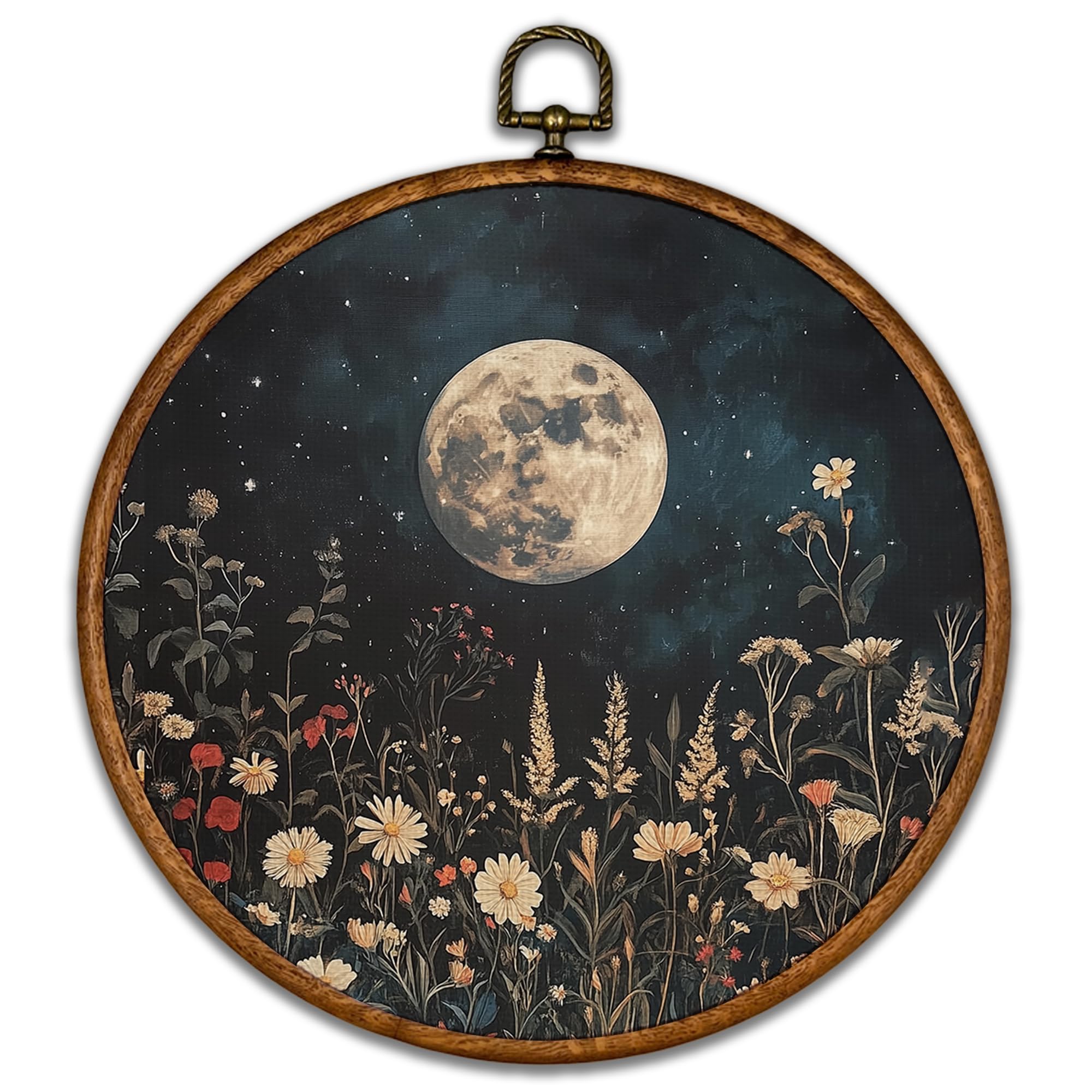 KSDUT Flower Moon Wall Art Decor - Botanical Neutral Mid Century Modern Wall Art Canvas Frame Hanging Prints, Vintage Landscape Wildflower Round Wall