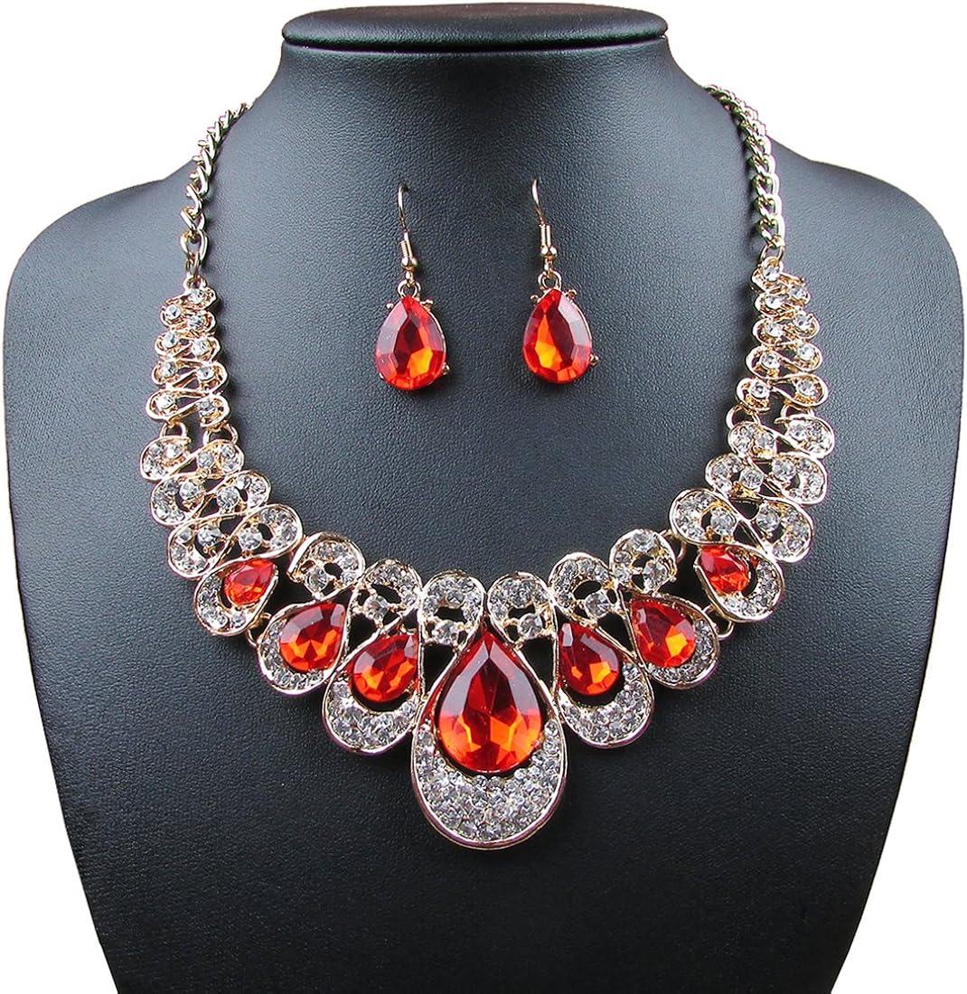 XARAZA Crystal Glass Water Droplets Large Stones Necklace and Stud Earrings Set for Women