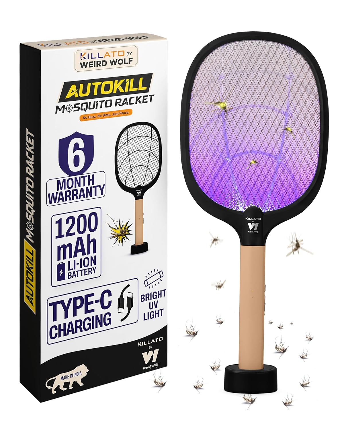 Product image of WEIRD WOLF 2 in 1 UV Light Mosquito Bat Racket Electric Fly Swatter with Base Stand, Lithium Battery, USB Type-C Charging, Warranty, Peach/Black