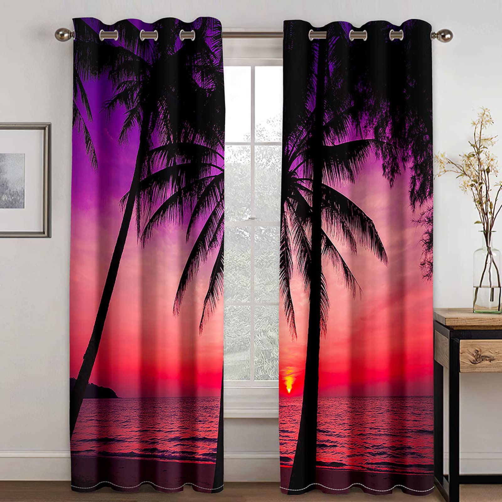 Zasłona fioletowa palma, na przelotkach, nieprzejrzysta, termiczna, zaciemniająca, do sypialni, salonu, wys. 260 x szer. 140 cm, zestaw 2 sztuk