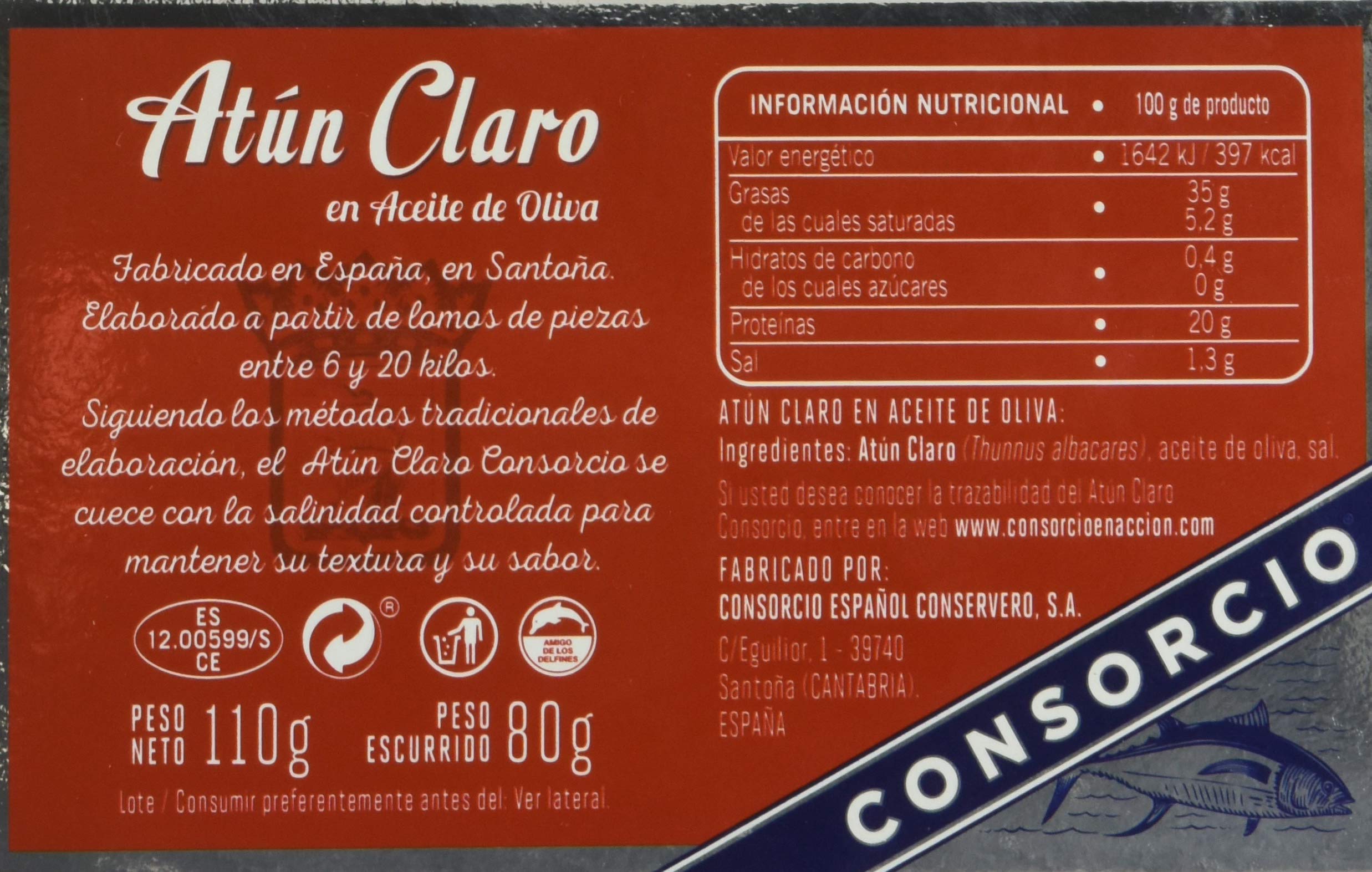 Consorcio - Atún en Aceite | Pack de 16 Latas de 110 gr, Total de 1760 gr | Atún de Santoña con Aceite y Sal en Lata | 100% Natural