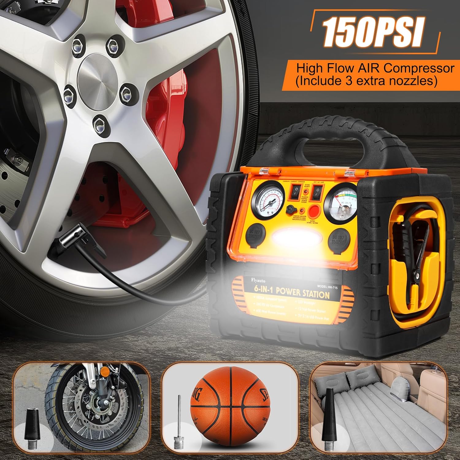 6 in 1 Jump Starter with Air Compressor 150 PSI Tire Inflator,Upgraded 1800A Peak 12V Portable Car Battery Jump Starter,400 Watt Inverter Power Station with AC/DC/USB Outlets (8.0L Gas/6L Diesel) - Image 4