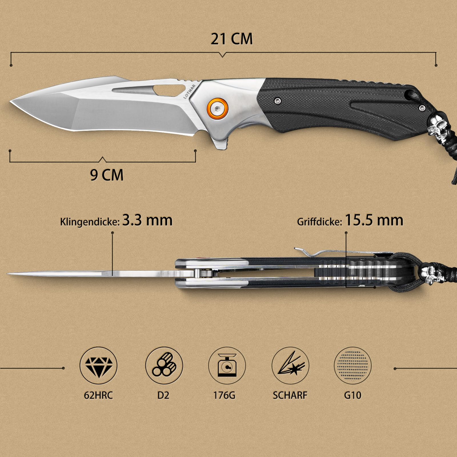 LOTHAR LICH KING Navaja Plegable, Cuchillo de Bolsillo de Acero D2 con Mango G10, Navaja de Supervivencia con Sistema Liner Lock y Clip de Cinturón (Plata)