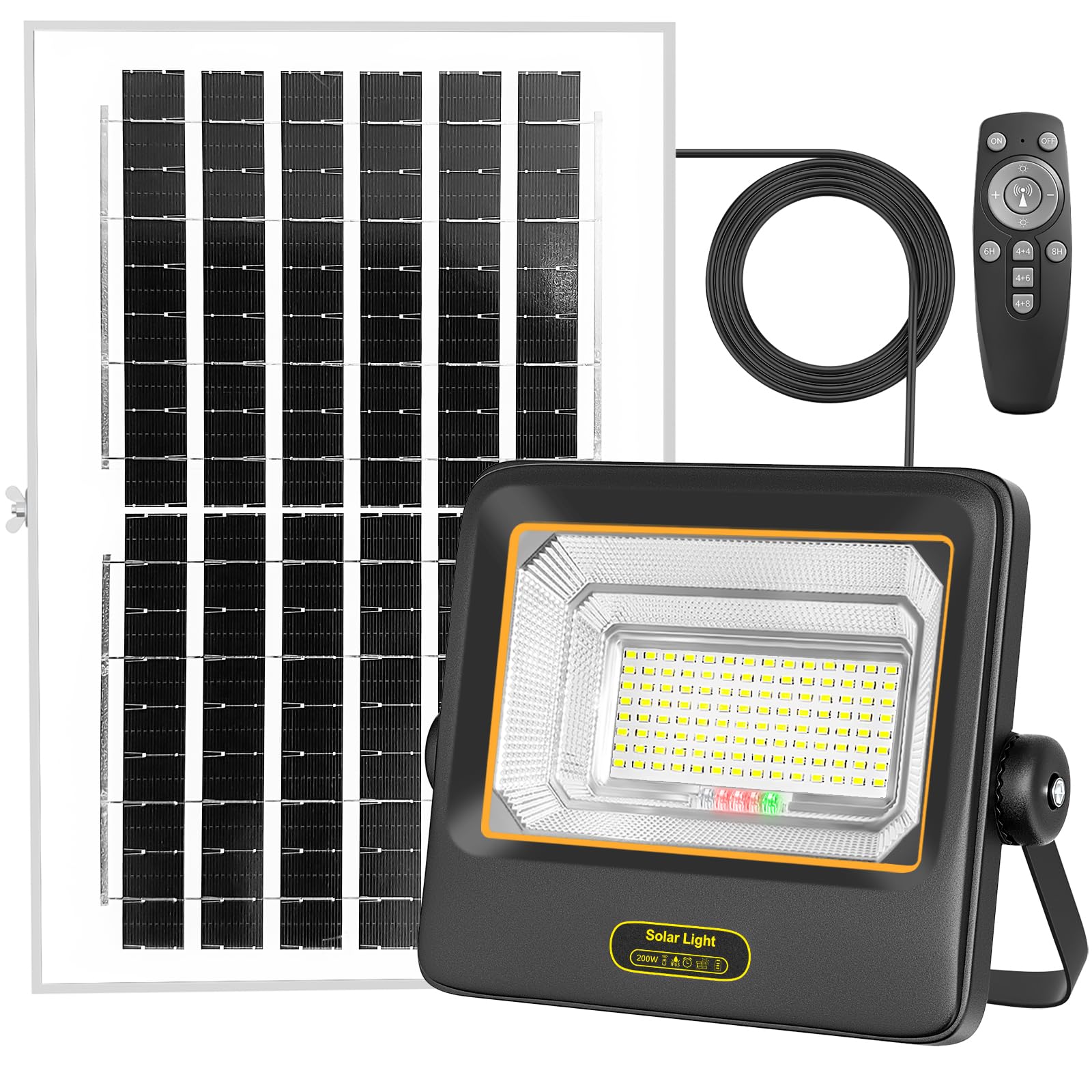 200W Focos LED Exterior Solares con Control Remoto,Indicador de Batería,7 Modos,IP67 a Prueba de Agua con Cable de 4.2m,Luz Solar Exteriorpara Garaje,Jardín,Puerta de Entrada,Patio y Césped