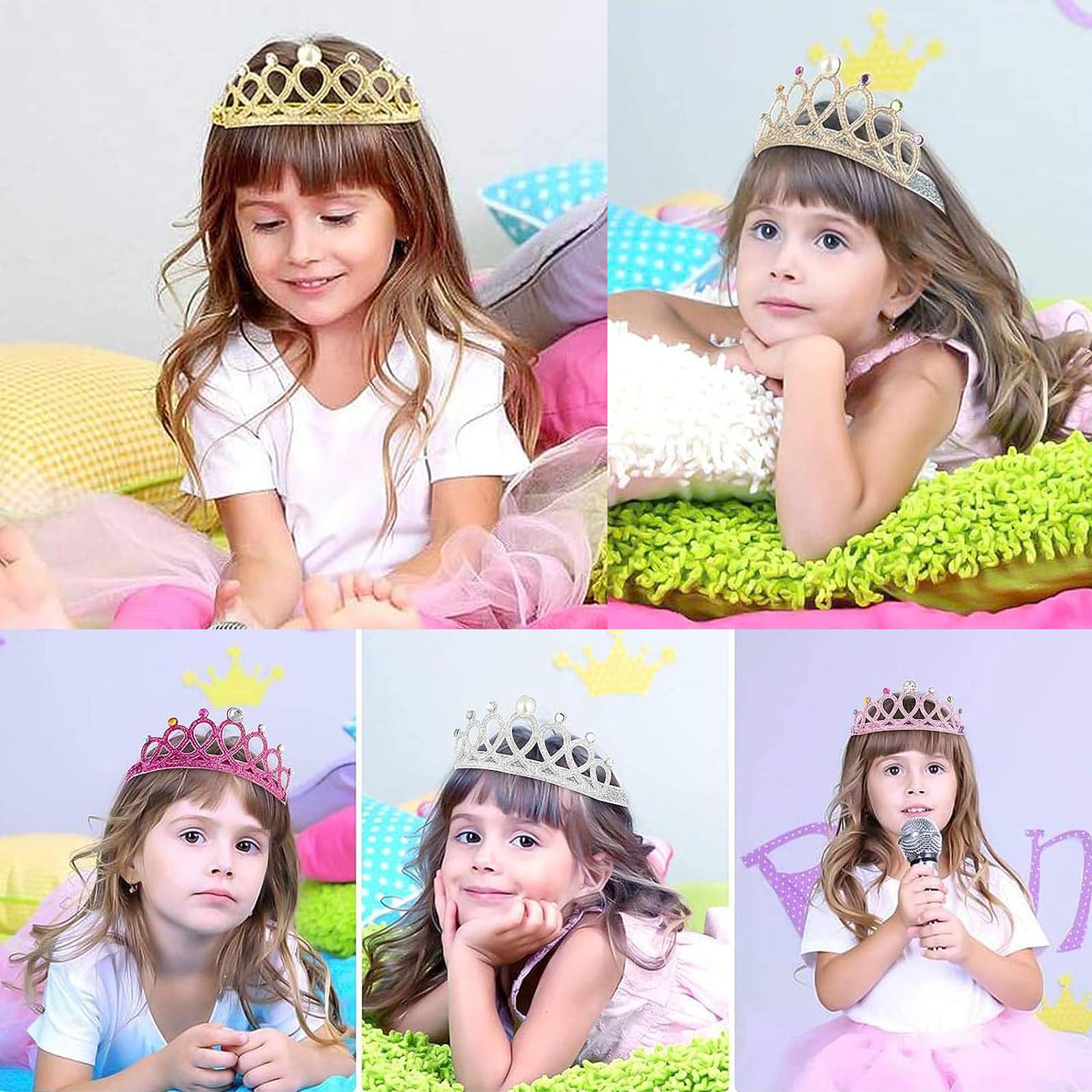 6 Piezas Corona Princesa, Diadema con Corona para niños, Diadema con Corona Brillante, Accesorios elásticos para el Cabello de Princesa, para Fiestas de cumpleaños de niñas