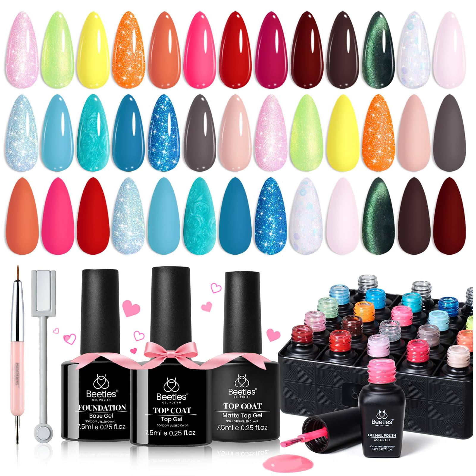 Beetles Gel Nail Polish Set - 20 Colors Gel Polish Pink Blue Green Yellow Pearl Color Gel with Base Glossy & Matte Top Coat Uv DIY Salon Manicure Kit