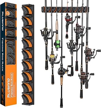 PLUSINNO V9 Vertical Fishing Rod Holders, Wall Mounted Fishing Pole Holders, Fishing Rod Rack Holds Up to 9 Rods or Combos, Fishing Rod Holders for Garage,Fishing Gear and fishing Gifts for Men