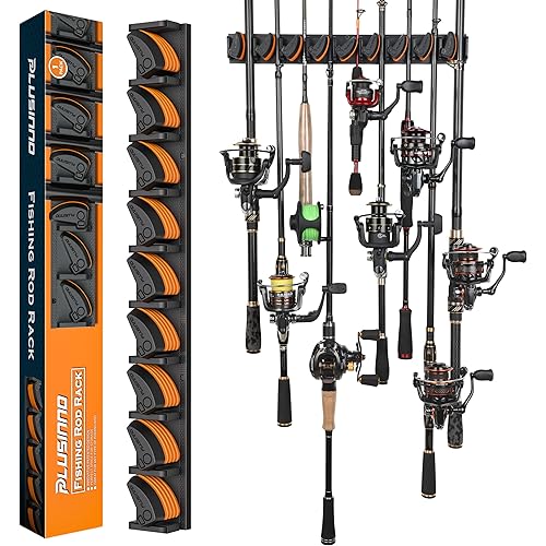 PLUSINNO V9 Vertical Fishing Rod Holders, Wall Mounted Fishing Pole Holders, Fishing Rod Rack Holds Up to 9 Rods or Combos, Fishing Rod Holders for Garage,Fishing Gear and Gifts for Men