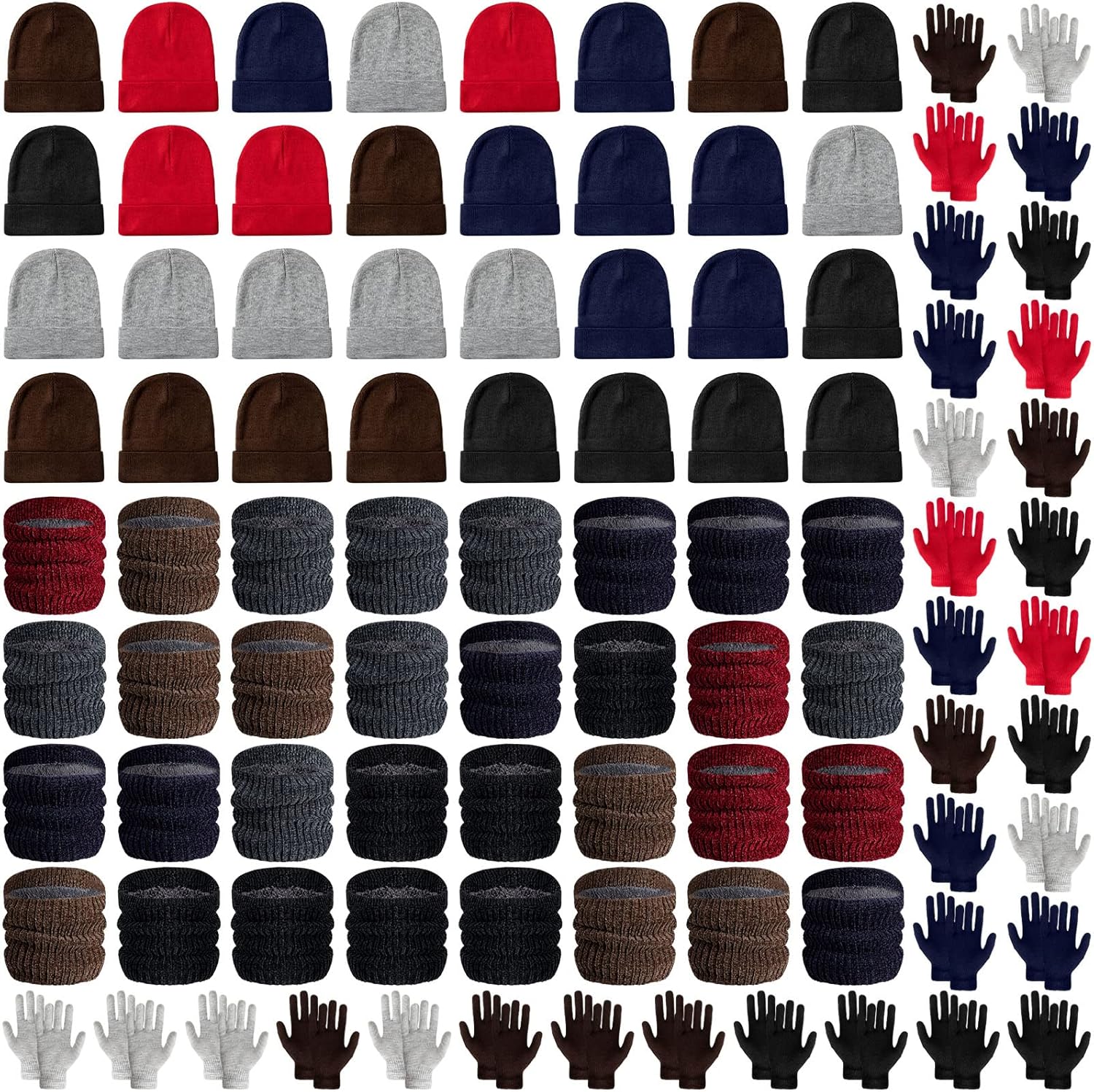 Foaincore 96 Pcs Homeless Care Package Supplies Bulk Winter Gloves Beanies Neck Warmers Set Unisex Winter Knitted Hat Scarf Gloves Pack for Adults Homeless Christmas Charity Gifts Multicolour