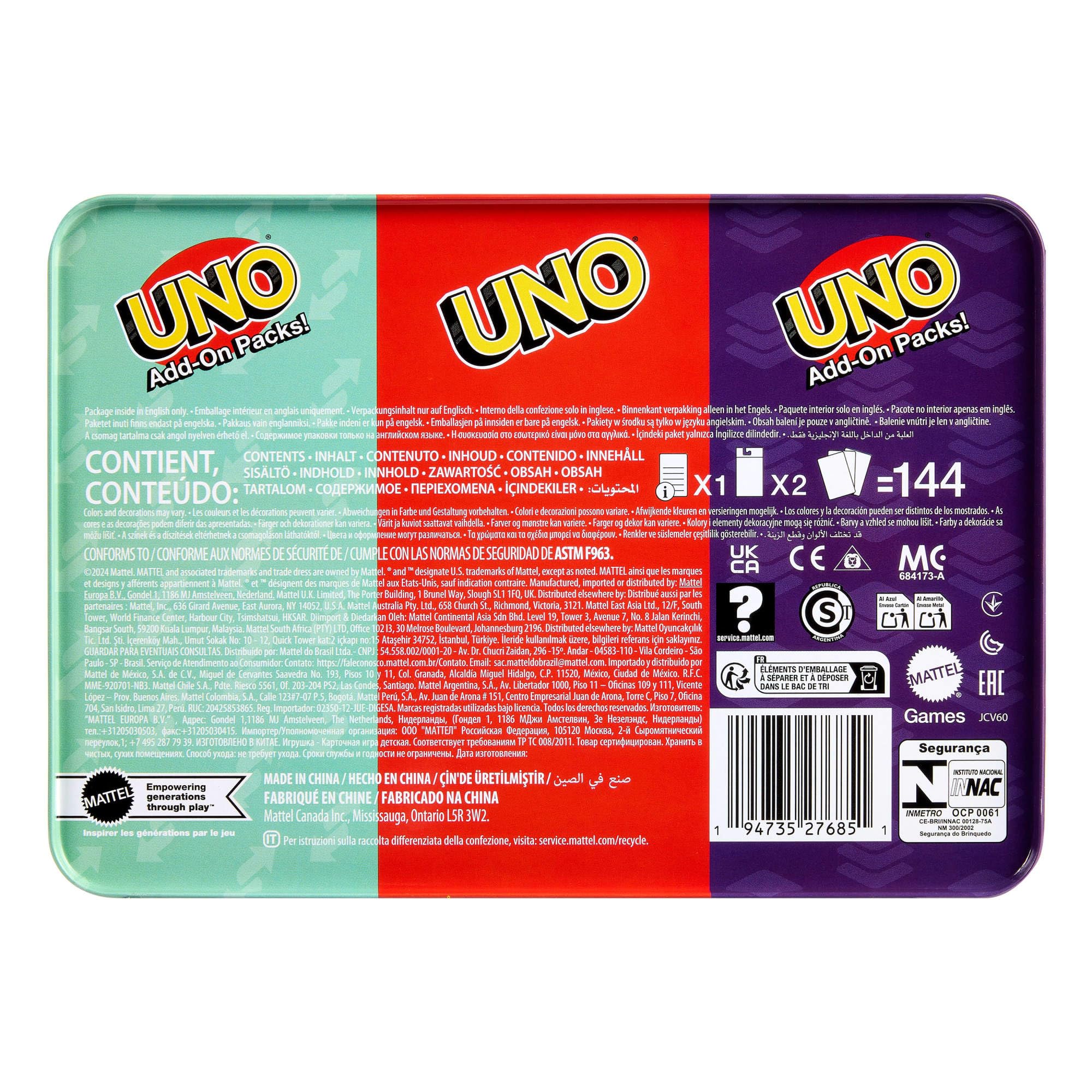 Mattel Games Gry Mattel UNO Gra podstawowa i 2 pakiety uzupełniające w metalowym pojemniku, towarzyska gra karciana dla dzieci 7+, dorosłych i rodzin na wieczór gier dla 2-10 graczy, JCV60