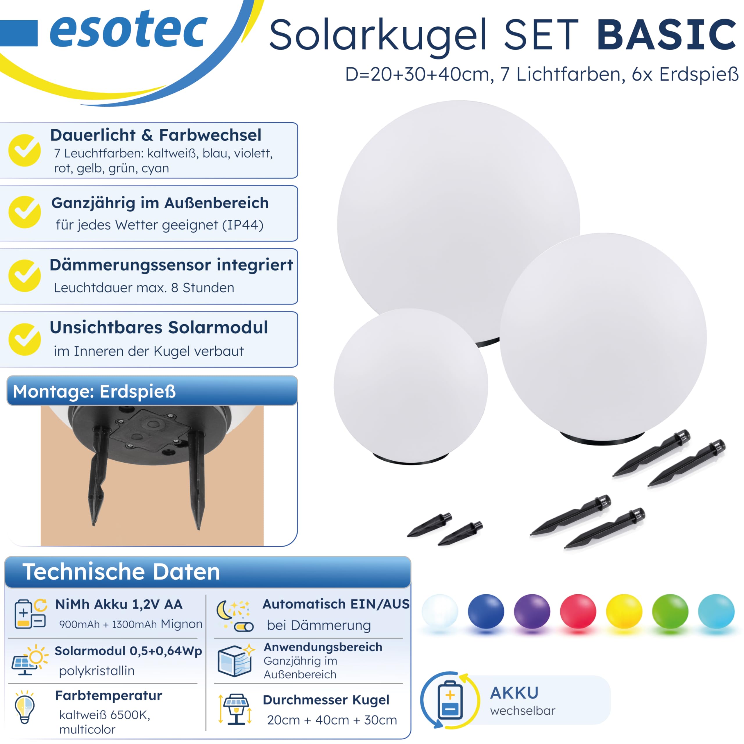 Esotec Gartenleuchtkugel Solarkugeln Basic, multicolor, 3er Set, 20+30+40cm, Farbwechsel, 20+30+40cm, Akku, Solarmodul, Außenbeleuchtung, Gartendeko Wegeleuchte 102614
