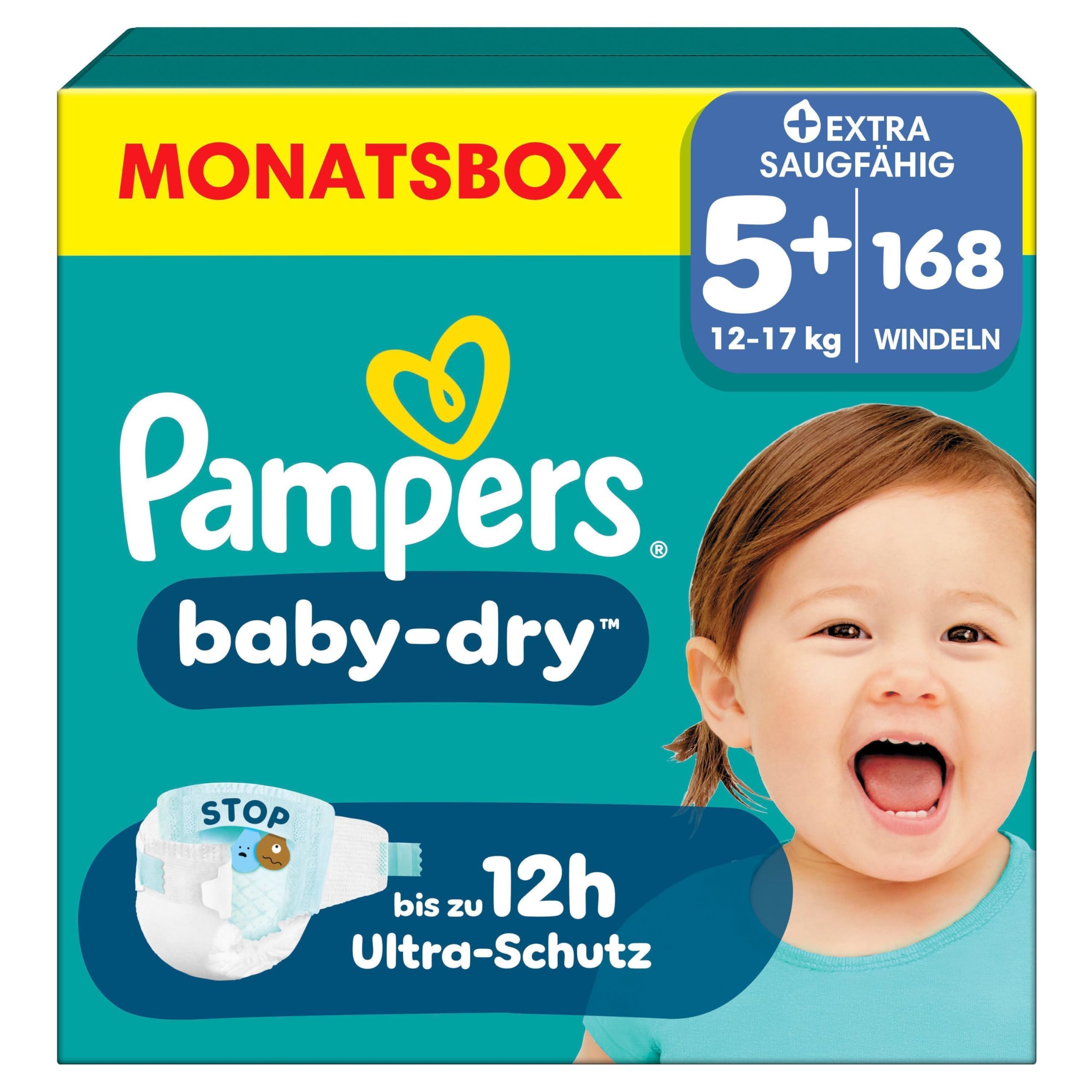 Pampers Baby-Dry Größe 5+, 168 Windeln, 12kg-17kg, Bis zu 100% Auslaufschutz & Komfort die ganze Nacht