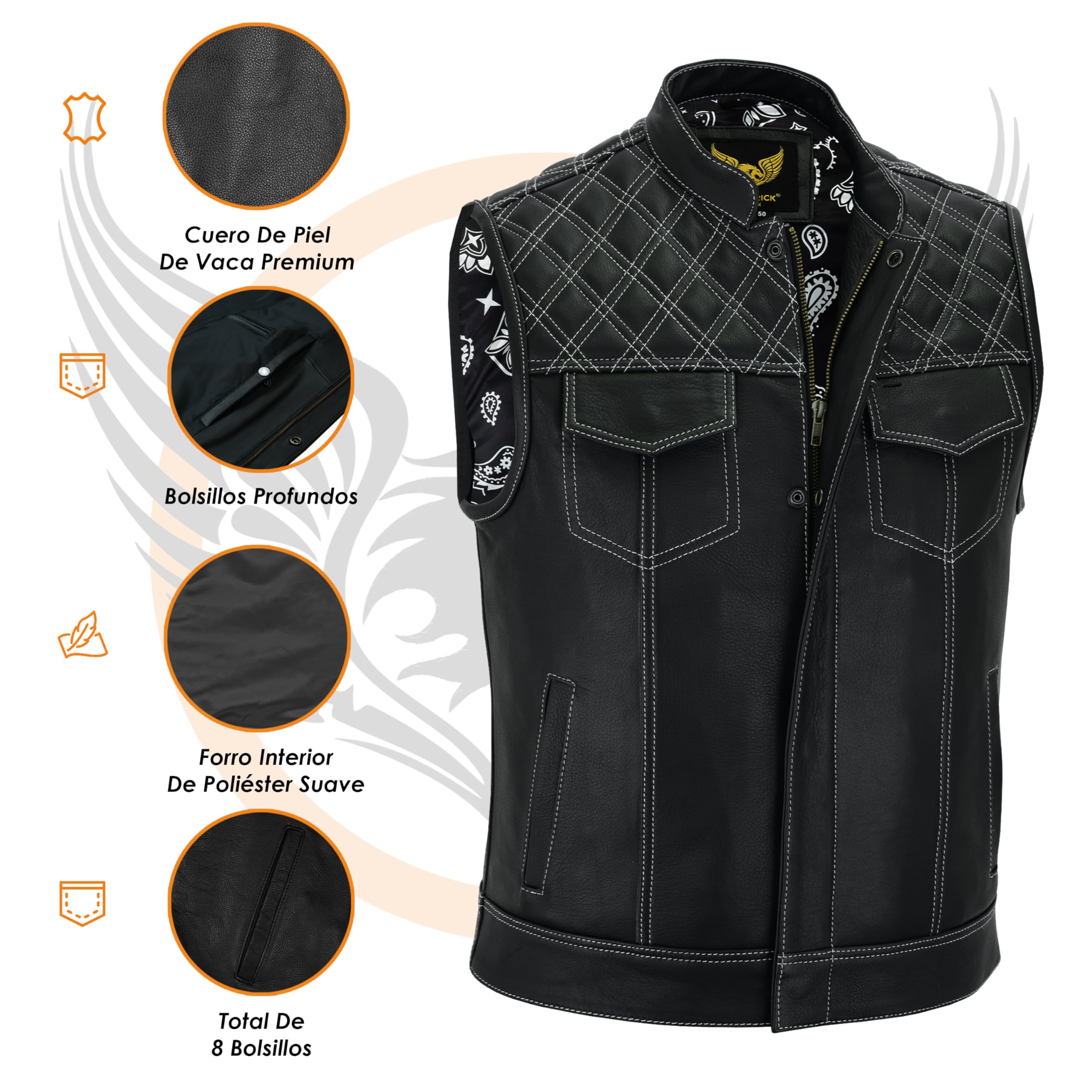 Leatherick Groove Club - Chaleco de cuero negro para hombre, diseño tradicional de cachemira, con costuras de rombos blancos