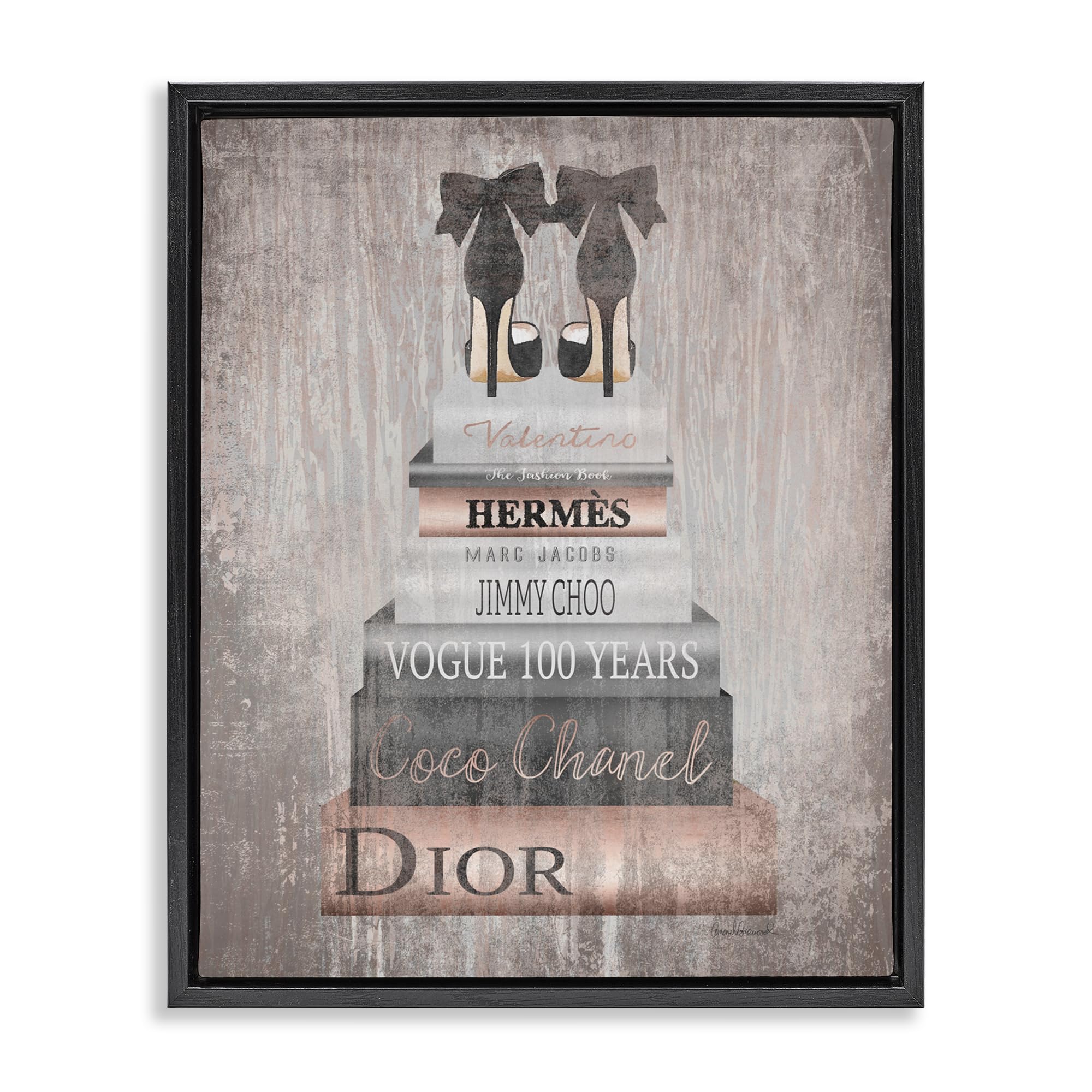 'Book Stack Heels Metallic Pink'| Floating Frame Canvas Art