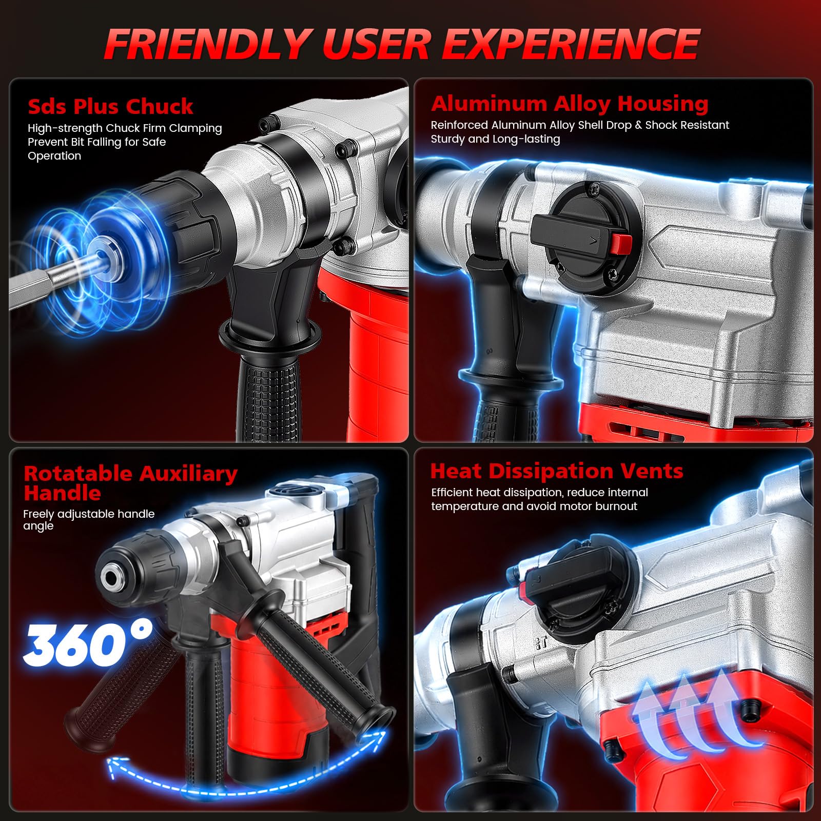Martello demolitore SDS-Plus, 3-in-1 perforatore, 2200 W, 7J, 32mm, 1100 Giri/min, Martello rotativo con 3 Punte SDS 8/10/12 mm, per Cemento Armato, rimozione delle Piastrelle