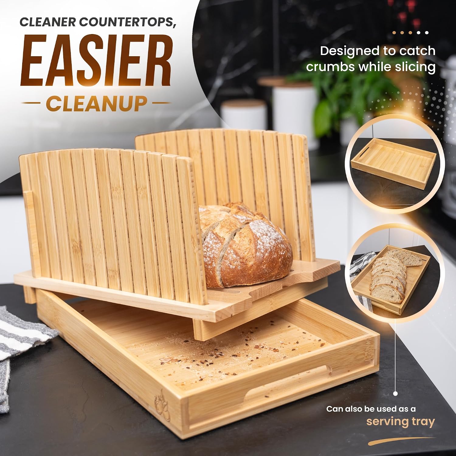 Bread Slicer for Homemade and Sourdough Bread - Hard Maple Wood and Bamboo, Adjustable Slicing Guide for Even Slices with Crumb Tray for Easy Cleanup